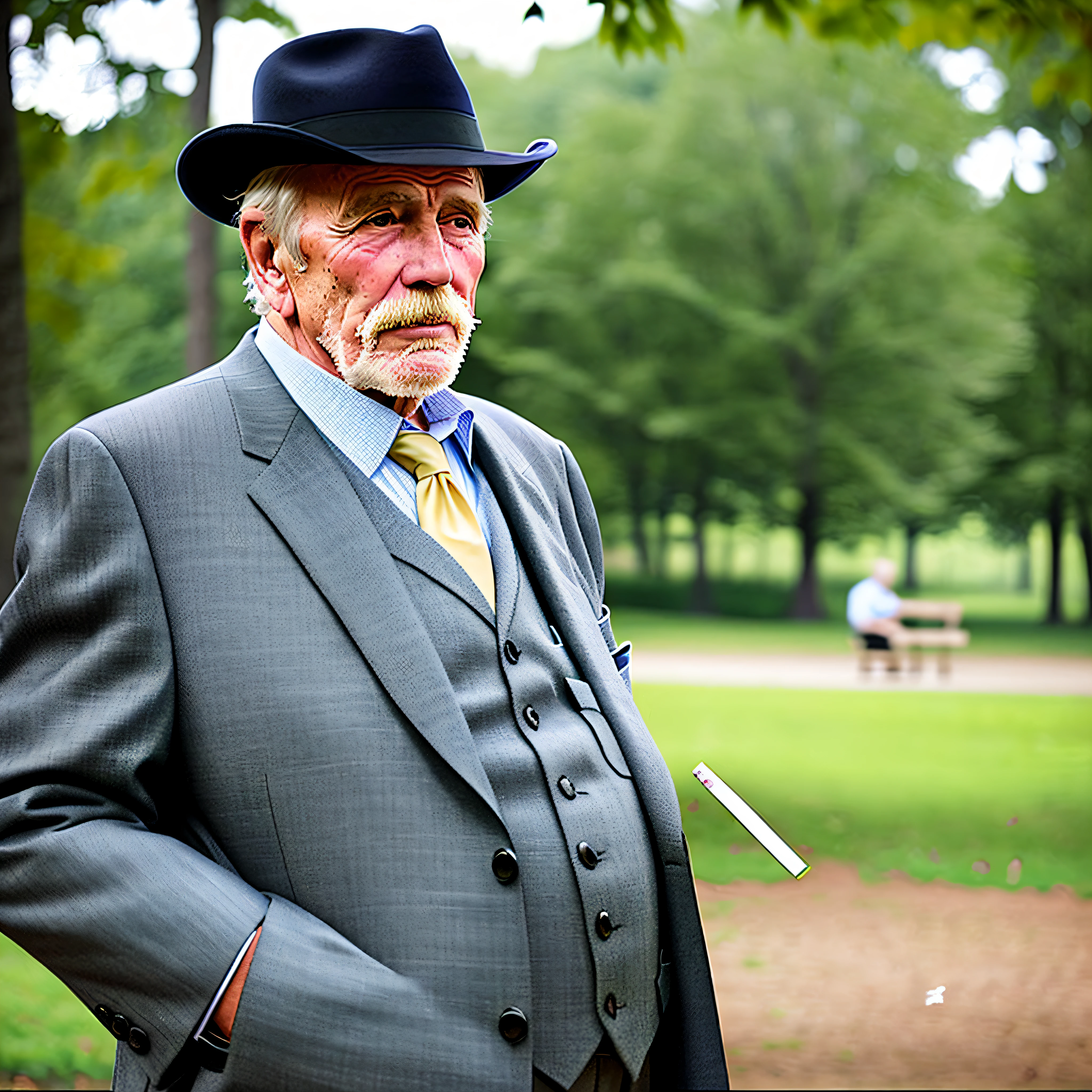 an old man at the park wearing a suit with a cigarette in his hand, realistic, photorealistic, holding_cigarette, smoking, smoke, depth of field, trees, people in the background