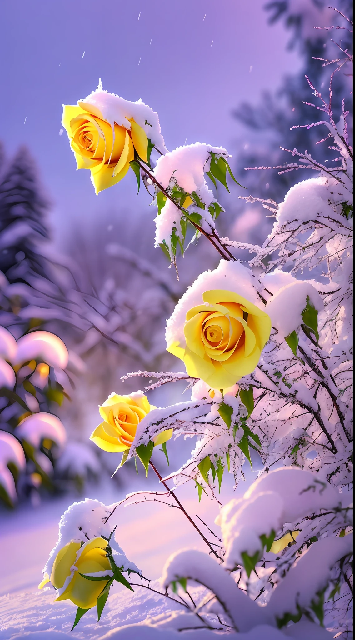 Winter nights,There is a clump of yellow roses covered in snow, The flowers are frozen, soft light of winter, Gentle snow, with soft bushes, glowing snow, Incredibly beautiful, winter vibrancy, snow glow, roses in cinematic light, Cold but beautiful, warm beautiful scene, Beautiful wallpaper, Beautiful composition