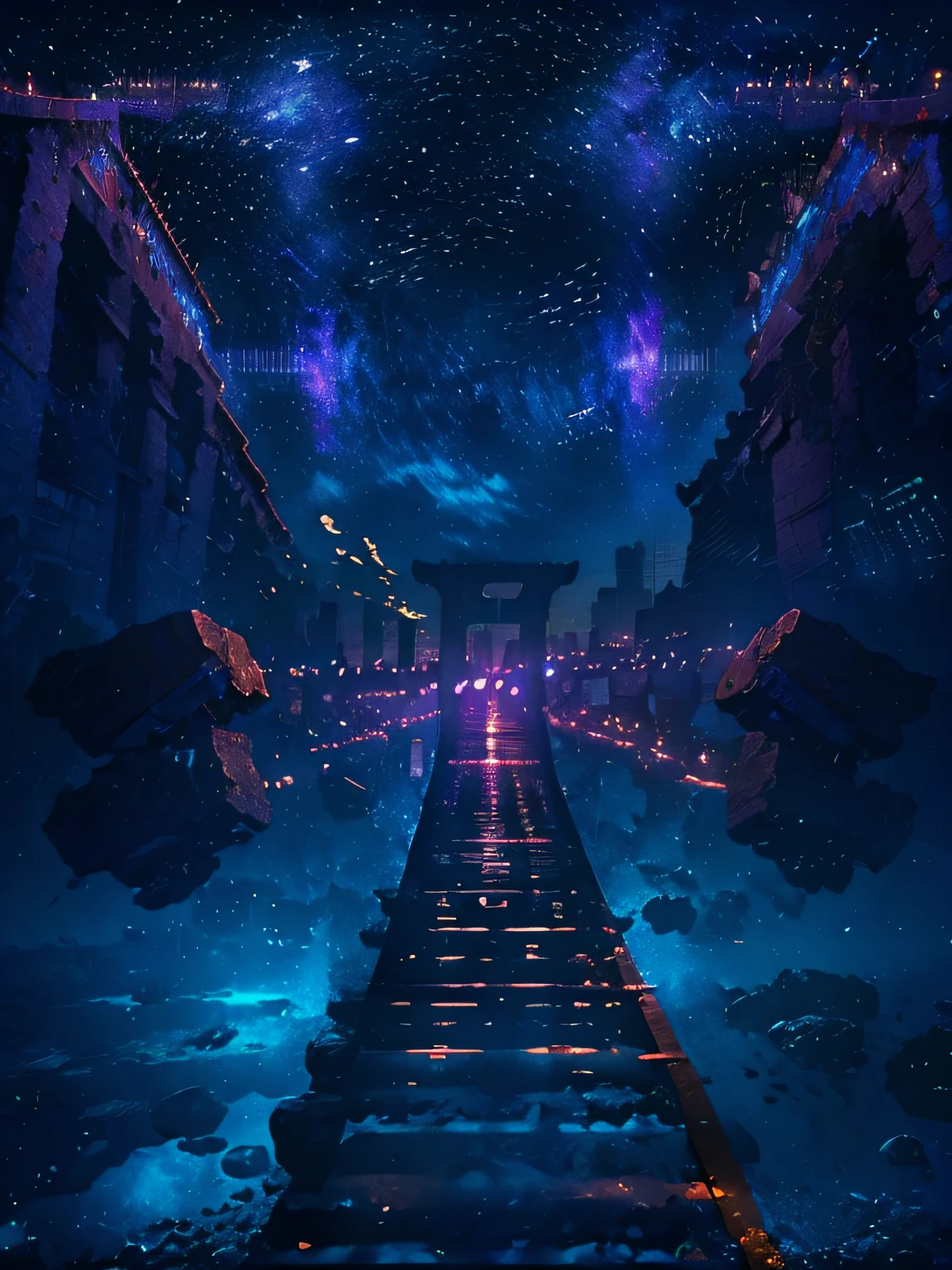 Fantastical, Bridge, Ancient, Stone-built, Glowing blue, Rune symbols, Starry sky, Unknown constellations, Night, Silence, Mystery, 8k, top-quality, Dark tones