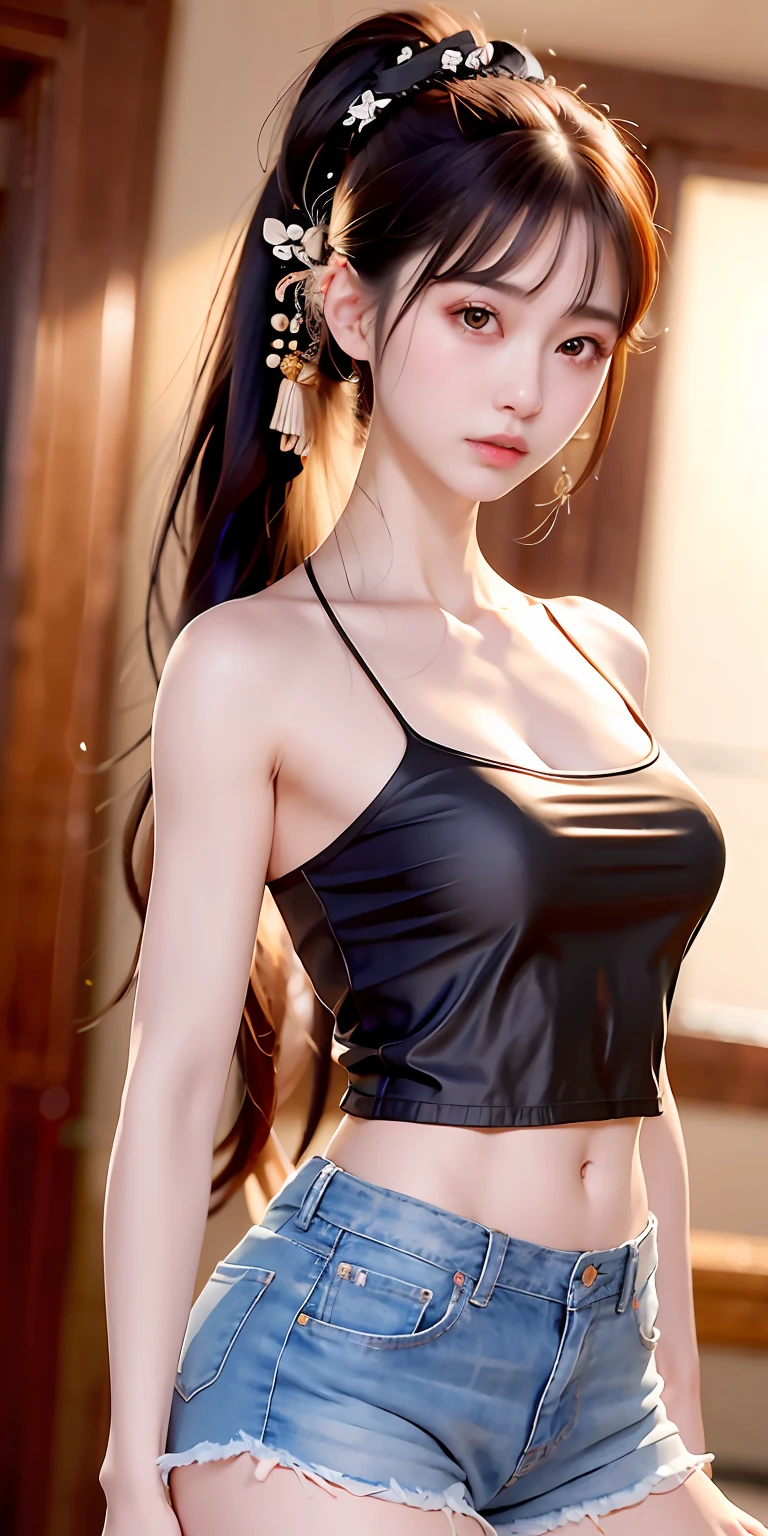 bust, masterpiece, black_hair, 1 girl, long_hair, long hair, ponytail, wearing white shirt, blue denim shorts, black silk, Chinese, anatomically correct, textured skin, masterpiece, ccurate, high quality, high detail, super detail, best quality, high resolution, 16k, UHD,