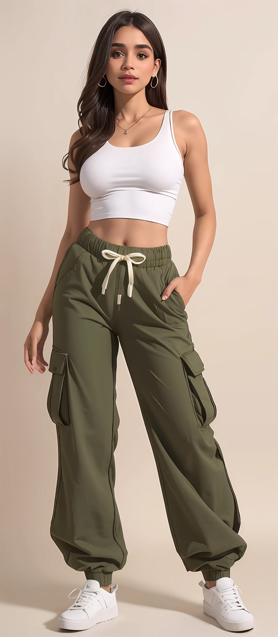 A beautiful woman in a white top and green pants posing for a photo, Olive pants, wearing cargo pants, military pants, baggy pants, large pants, cargo pants, high waist sweatpants, azeitona, Pants, frouxamente cortado, vestindo um baggy, 😭 🤮 💕 🎀, 🤬 🤮 💕 🎀, com dois bolsos frontais, azeitona