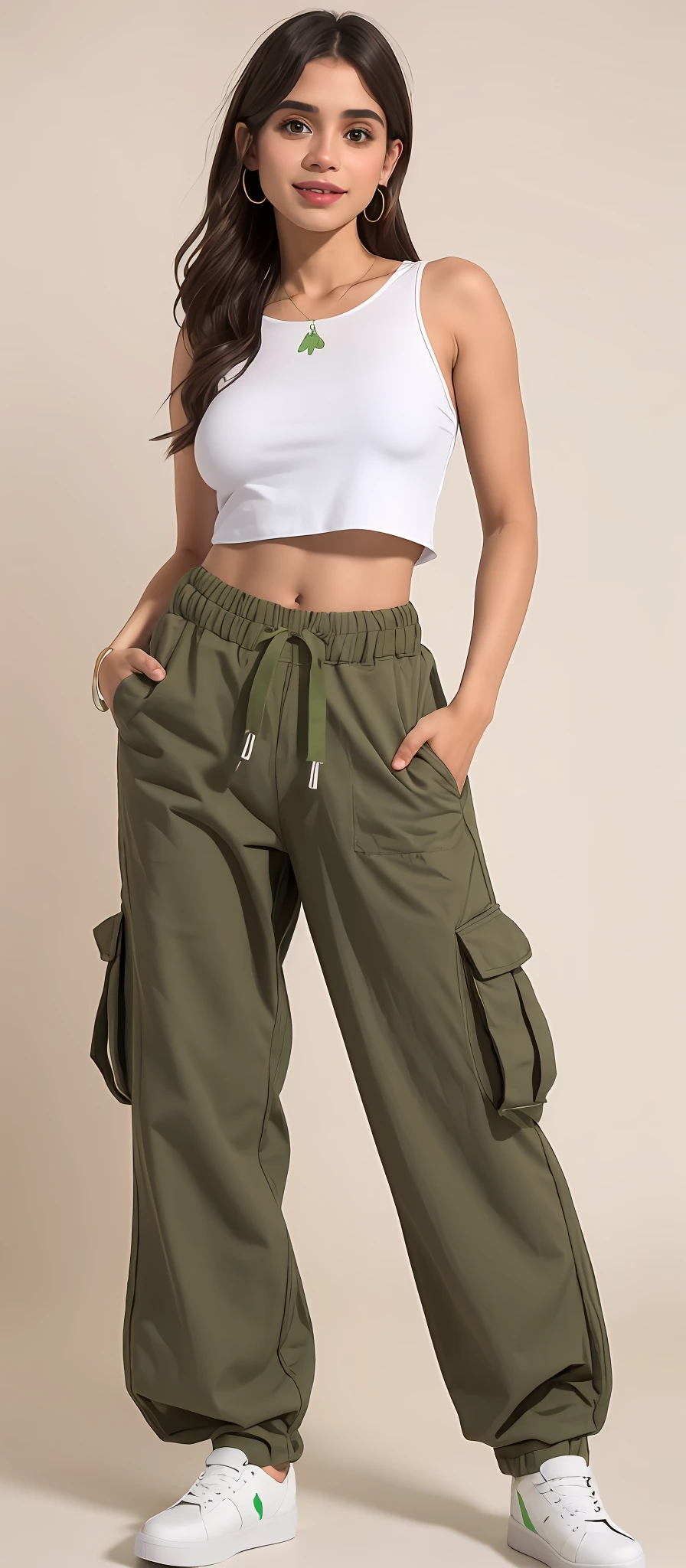 A beautiful woman in a white top and green pants posing for a photo, Olive pants, wearing cargo pants, military pants, baggy pants, large pants, cargo pants, high waist sweatpants, azeitona, Pants, frouxamente cortado, vestindo um baggy, 😭 🤮 💕 🎀, 🤬 🤮 💕 🎀, com dois bolsos frontais, azeitona