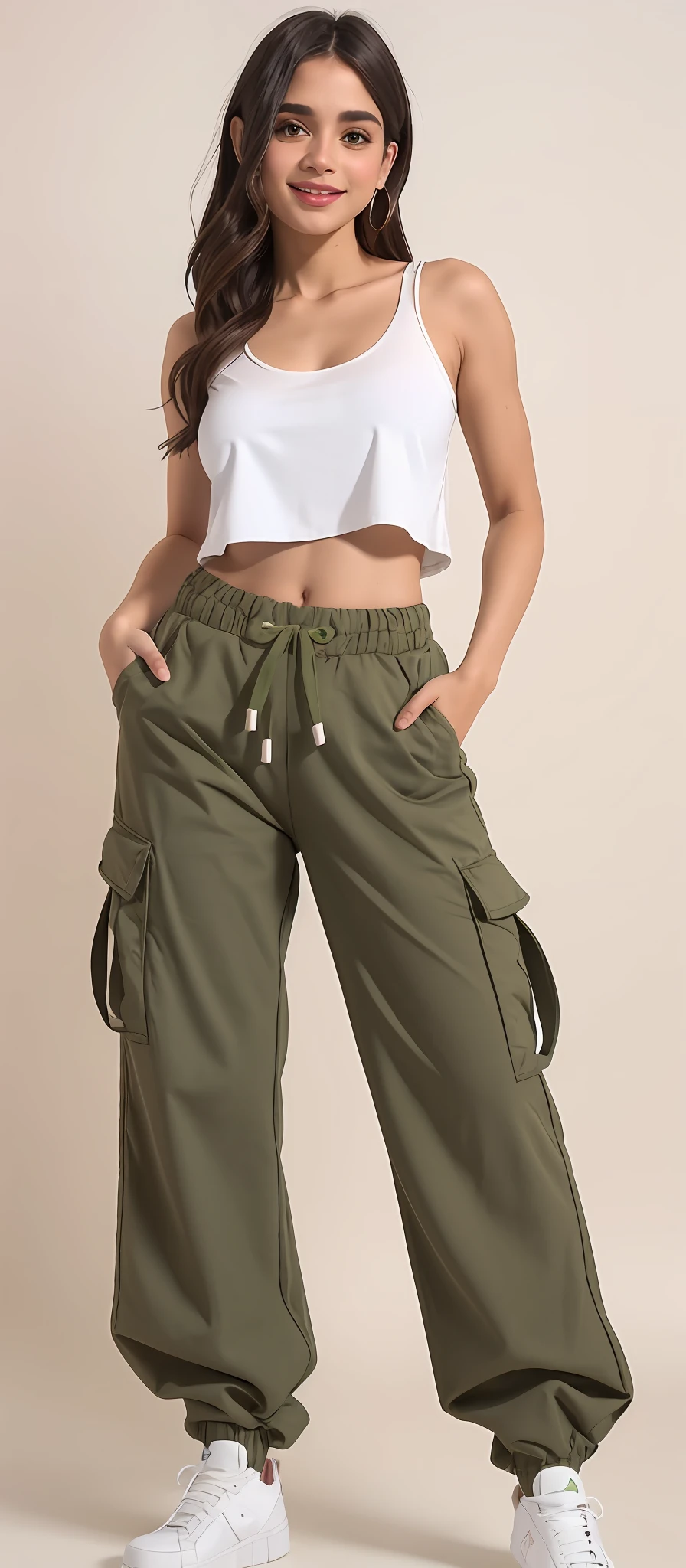 A beautiful woman in a white top and green pants posing for a photo, Olive pants, wearing cargo pants, military pants, baggy pants, large pants, cargo pants, high waist sweatpants, azeitona, Pants, frouxamente cortado, vestindo um baggy, 😭 🤮 💕 🎀, 🤬 🤮 💕 🎀, com dois bolsos frontais, azeitona