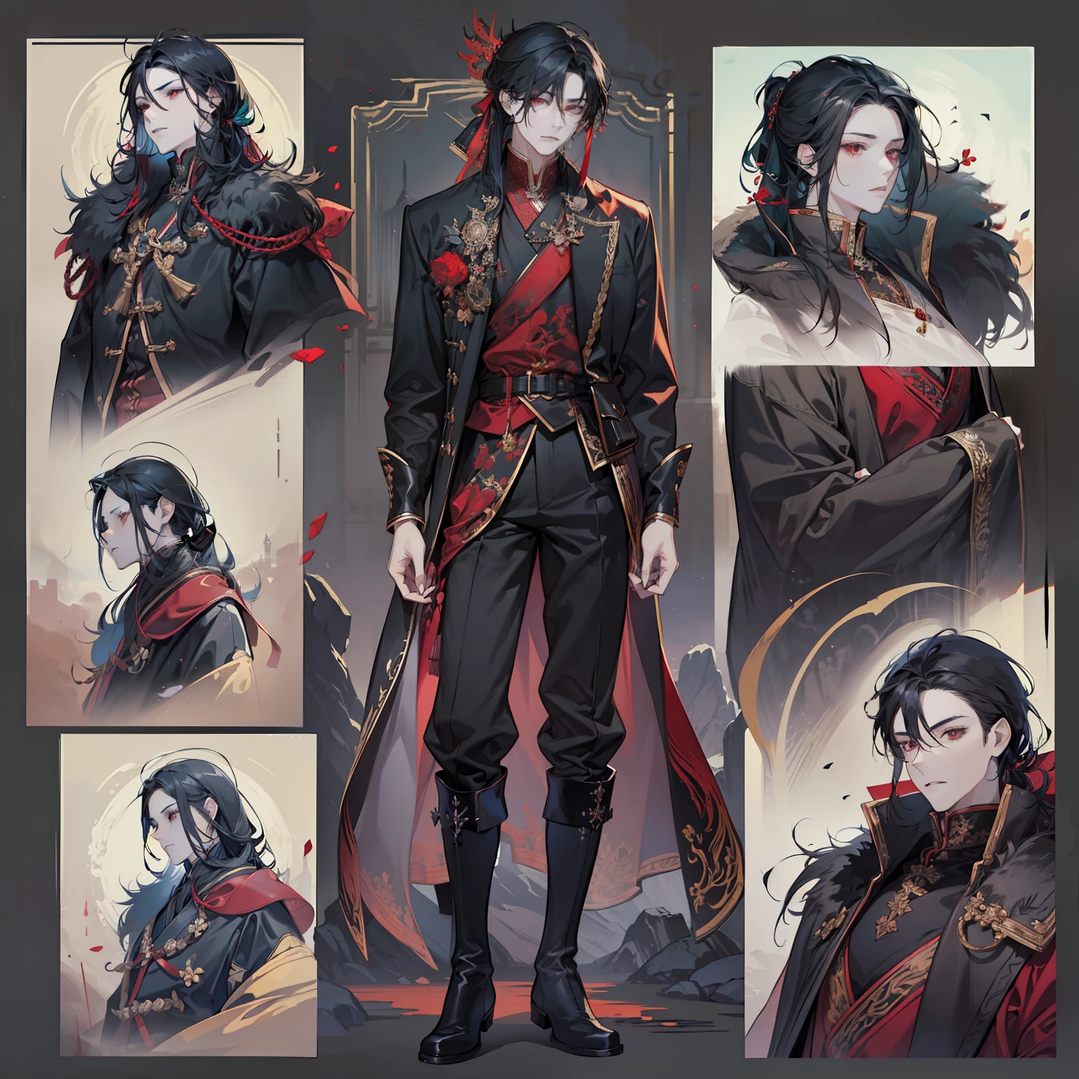1 boy, solo, black hair, ponytail, straight hair, flowing straight hair, red eyes, shirt, high boots, dark clothing, Scandinavia theme, Scandinavian clothes, looking at viewer, fantasy art, beautiful painting, guwaika style, epic exquisite character art, stunning characters, man, lean (reference sheet:1.5)