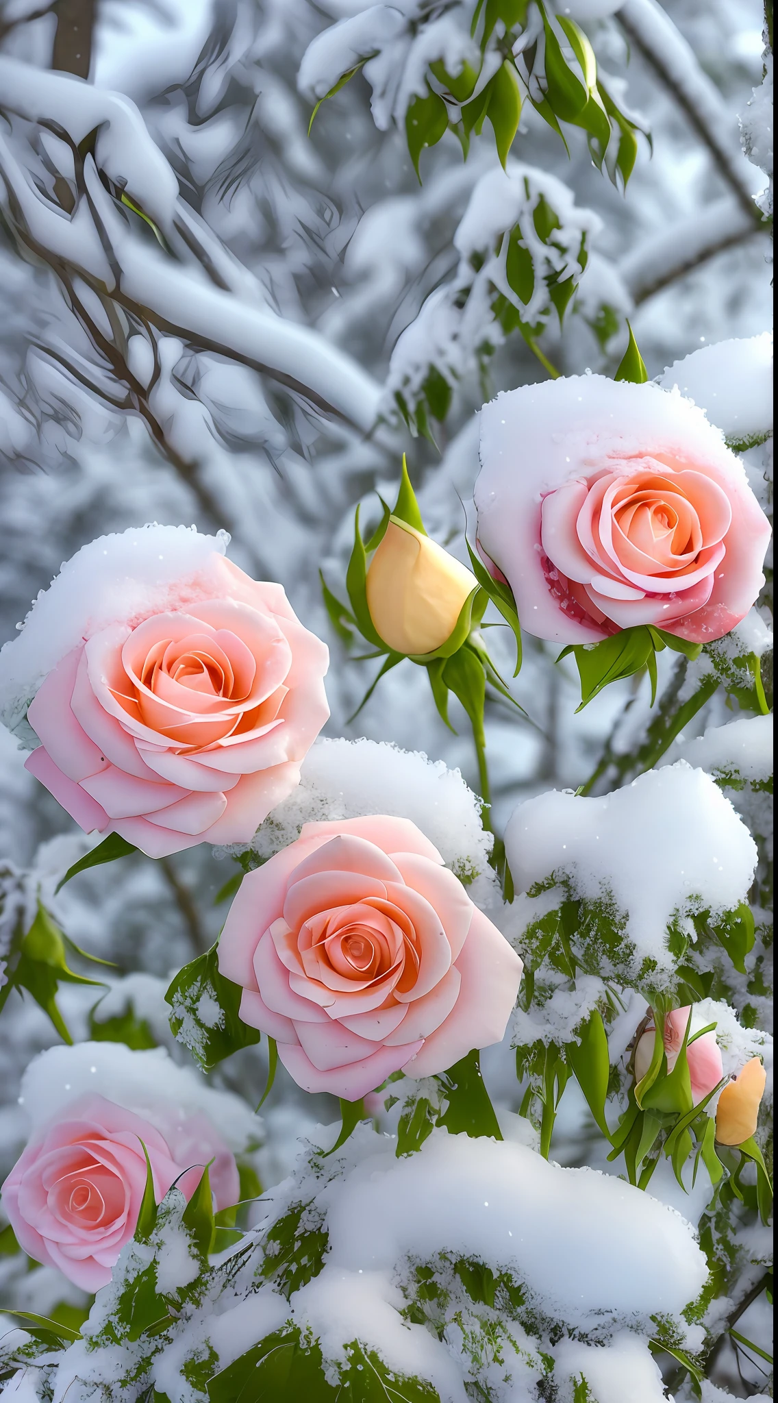 Yellow and pink roses are covered with snow from the trees, Covered with snow, Winter in the snow, Beautiful wallpaper, winter setting, with frozen flowers around her, Gentle snow, Beautiful composition, Snowy winter, big breasts beautiful!, Winter snow, very beautiful photograph of, Natural snowmelt in spring and winter, Beautiful flowers, in the winter, Beautiful nature, beautiful snowy landscape, Snow and ice