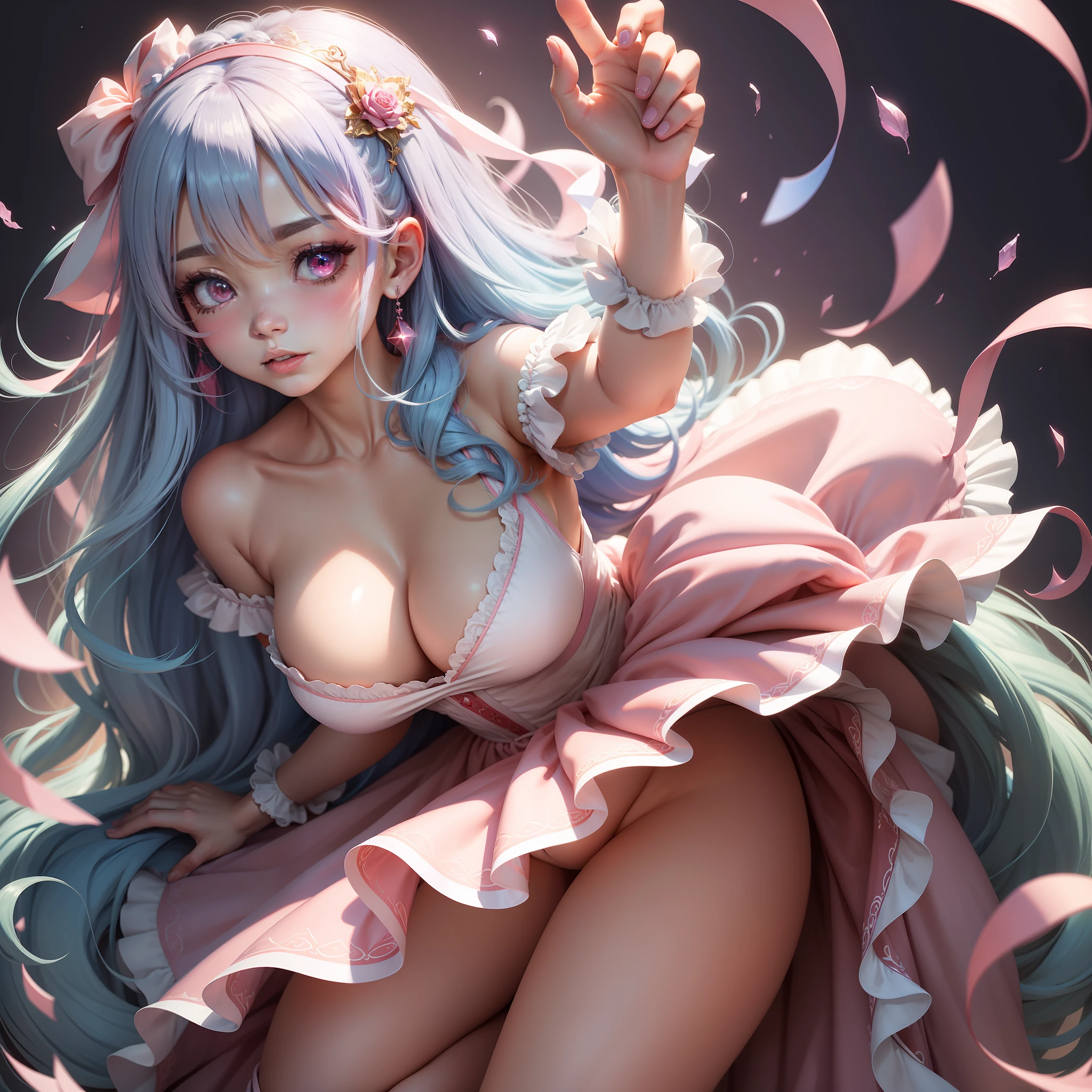 best qualityer,tmasterpiece,best qualityer,offcial art,Extremely detailed CG unity 8k wallpaper,kawaii,Moe girl,Lori huge breasts cleavage,magical ,long whitr hair,blue hair,Gradient hair,lolitahairblight blush,white colored eyelashes,Gradient eyes,heart in the eyes,Light smile,embarressed,Be red in the face,a pink eyes,Gradient eyes,wedding gown,Gothololita,Earring.....