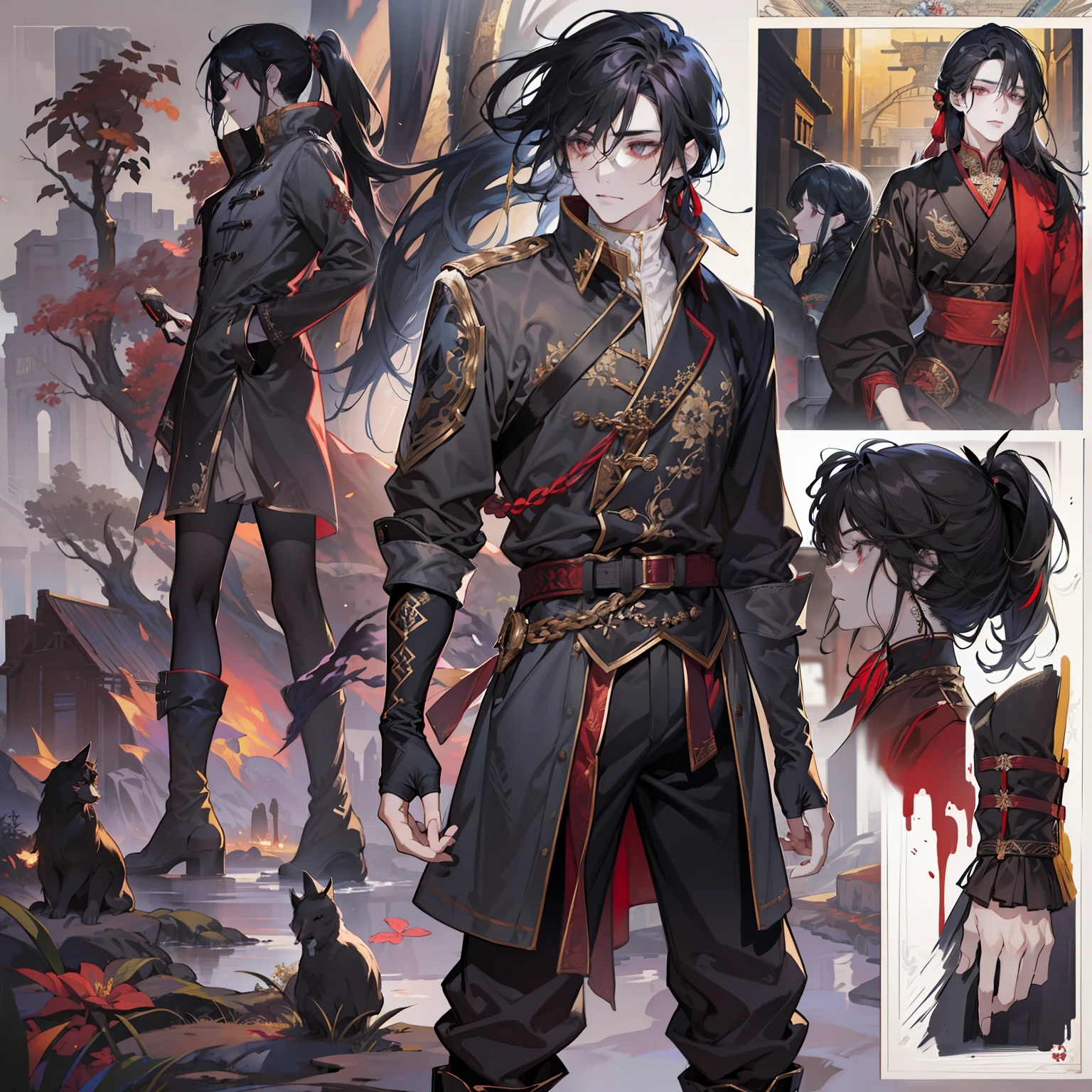 1 boy, solo, black hair, ponytail, straight hair, flowing straight hair, red eyes, shirt, high boots, dark clothing, Scandinavia theme, Scandinavian clothes, looking at viewer, fantasy art, beautiful painting, guwaika style, epic exquisite character art, stunning characters, man, lean (reference sheet:1.5)