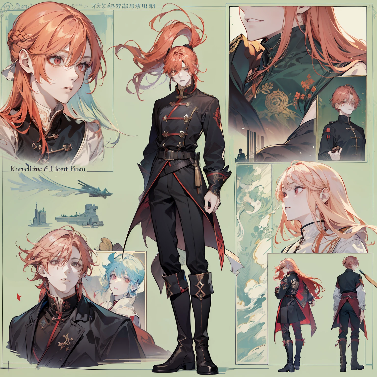 1 boy, solo, peach hair, ponytail, light red-haired guy, straight hair, flowing straight hair, red eyes, shirt, high boots, dark clothing, dark clothes, Scandinavia theme, Scandinavian clothes, looking at viewer, fantasy art, beautiful painting, guwaika style, epic exquisite character art, stunning characters, man, lean (reference sheet:1.5)