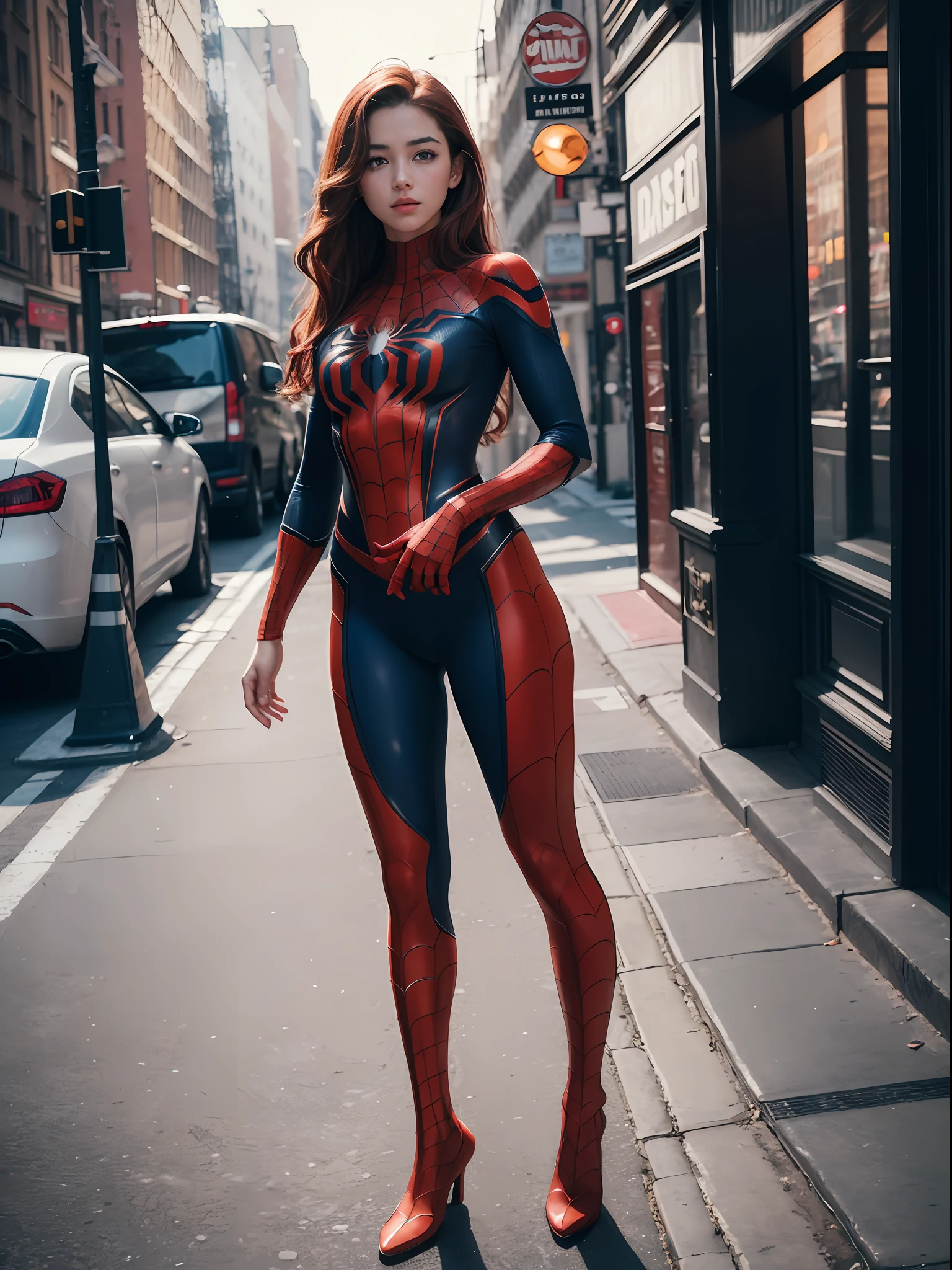 extremely detailed CG,UHD wallpaper, Extreme details,(realistic:1.2),(((best quality))), ((ultra-detailed)), (cute detailed face:1.2), {{highly detailed face}},beautiful and aesthetic,1girl,(masterpiece:1.4),glowing skin,dramatic shadows, intense shadows, SIGMA 35mm F1.4, ISO 200 Shutter Speed 2000,Photorealism,{photorealistic}, photogenic, Girl, finely detailed,HIGH RES, {{intricate detail}},(((beautiful detailed lighting))),beautiful detailed colorful eyes, best quality, 1girl, masterpiece, best quality, 8k, detailed skin texture, detailed cloth texture, beautiful detailed face, intricate details, ultra detailed, european youth, european beauty, Spider-Man uniform, straight red hair, freckles, perfect ass, beautifull ass, (full body:1.5), new york streets, spiderman pose,
