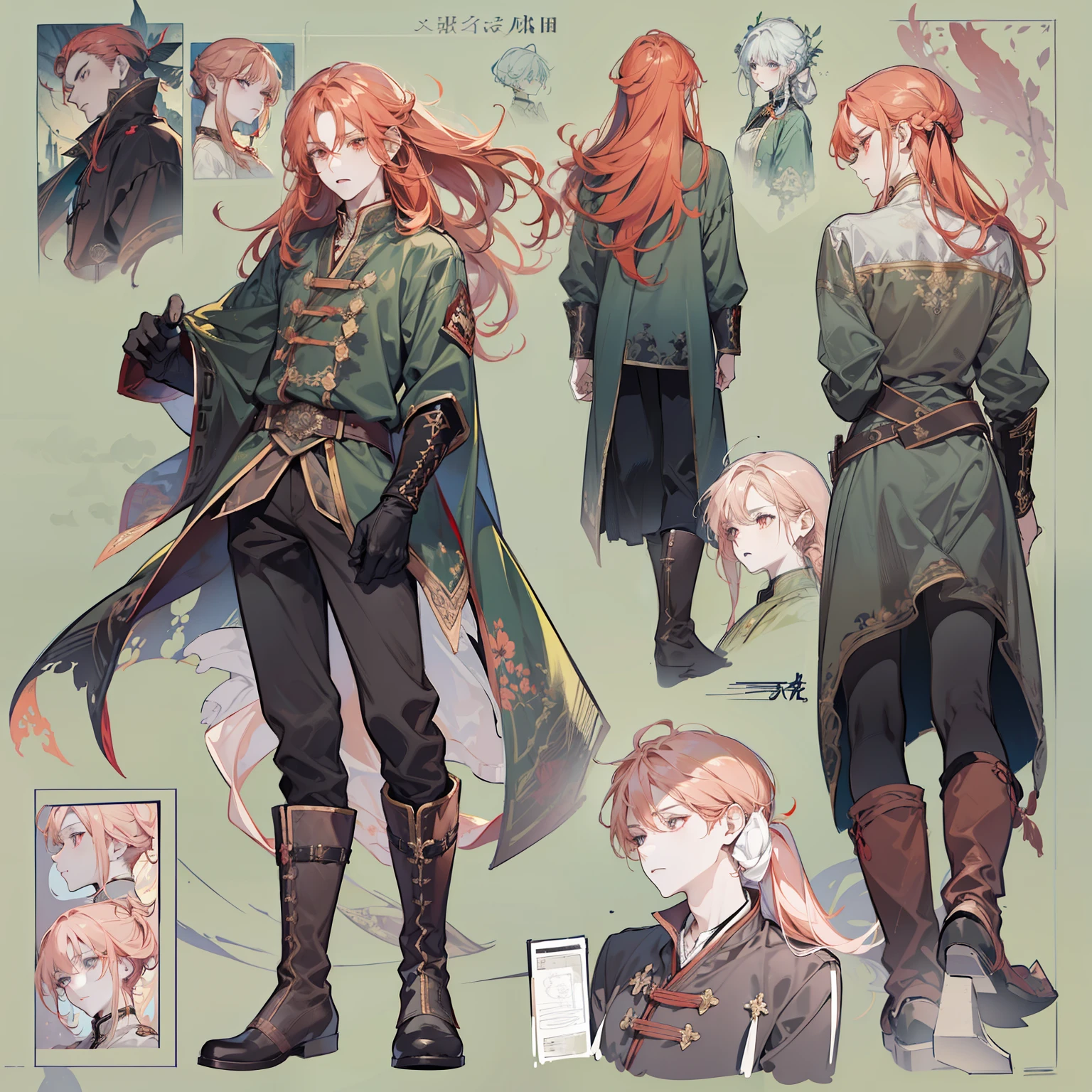1 boy, solo, peach hair, ponytail, light red-haired guy, straight hair, flowing straight hair, red eyes, shirt, high boots, dark clothing, dark clothes, Scandinavia theme, Scandinavian clothes, looking at viewer, fantasy art, beautiful painting, guwaika style, epic exquisite character art, stunning characters, man, lean (reference sheet:1.5)