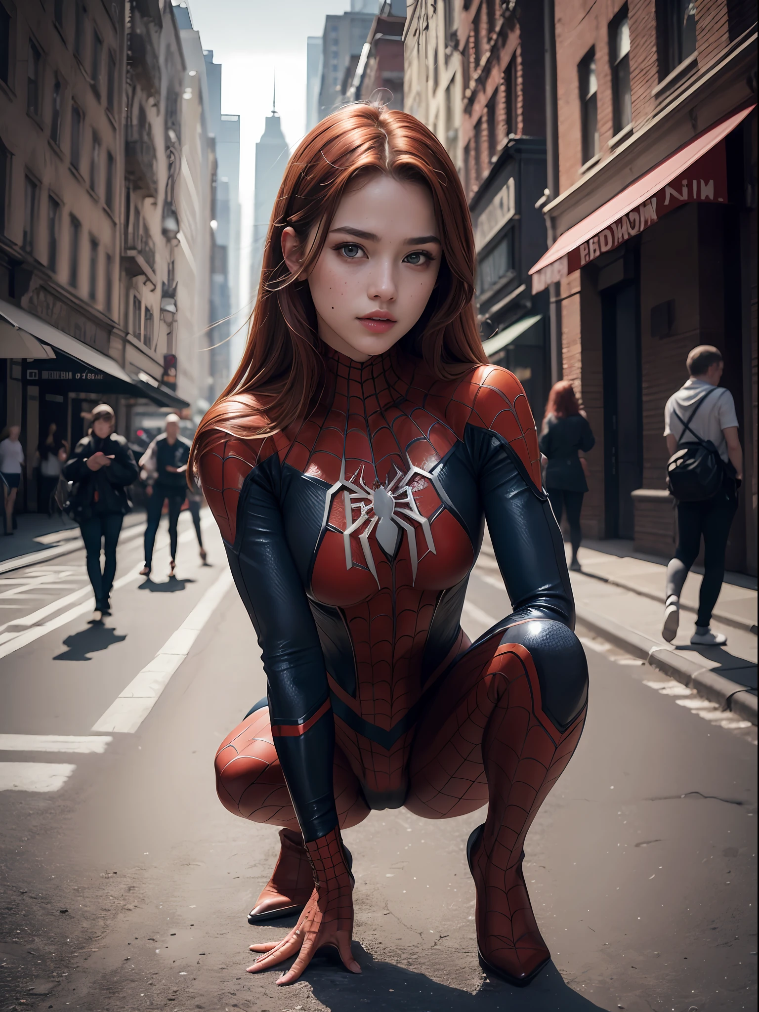 extremely detailed CG,UHD wallpaper, Extreme details,(realistic:1.2),(((best quality))), ((ultra-detailed)), (cute detailed face:1.2), {{highly detailed face}},beautiful and aesthetic,1girl,(masterpiece:1.4),glowing skin,dramatic shadows, intense shadows, SIGMA 35mm F1.4, ISO 200 Shutter Speed 2000,Photorealism,{photorealistic}, photogenic, Girl, finely detailed,HIGH RES, {{intricate detail}},(((beautiful detailed lighting))),beautiful detailed colorful eyes, best quality, 1girl, masterpiece, best quality, 8k, detailed skin texture, detailed cloth texture, beautiful detailed face, intricate details, ultra detailed, european youth, european beauty, Spider-Man uniform, straight red hair, freckles, perfect ass, beautifull ass, (full body:1.5), new york streets, spiderman pose,