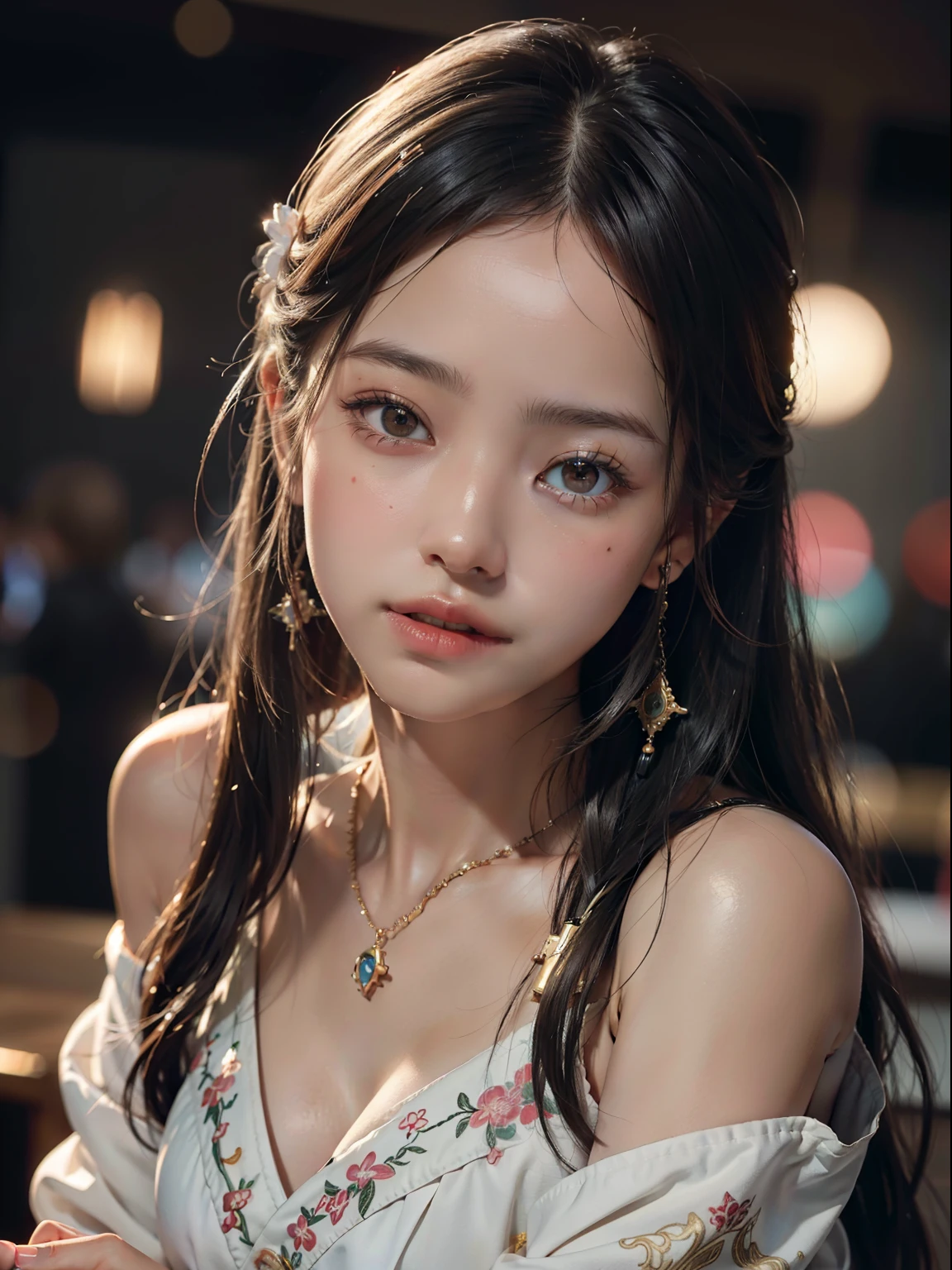 best quality, masterpiece, highres, 1girl,blush,(seductive smile:0.8),star-shaped pupils,china hanfu,hair ornament,necklace, jewelry,Beautiful face,upon_body, tyndall effect,photorealistic, dark studio, rim lighting, two tone lighting,(high detailed skin:1.2), 8k uhd, dslr, soft lighting, high quality, volumetric lighting, candid, Photograph, high resolution, 4k, 8k, Bokeh