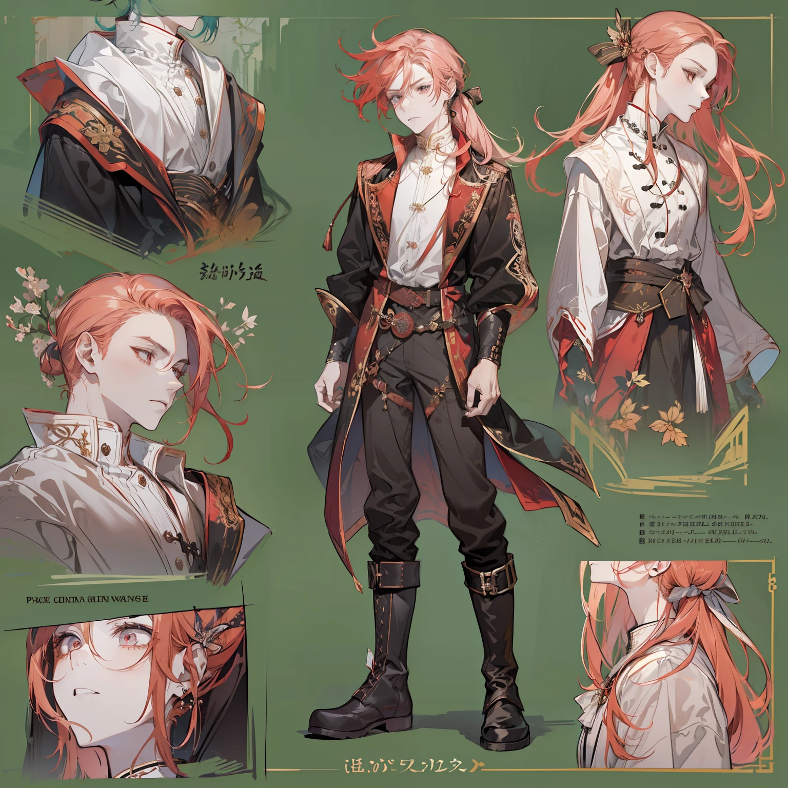 1 boy, solo, peach hair, ponytail, light red-haired guy, straight hair, flowing straight hair, red eyes, shirt, high boots, dark clothing, dark clothes, Scandinavia theme, Scandinavian clothes, looking at viewer, fantasy art, beautiful painting, guwaika style, epic exquisite character art, stunning characters, man, lean (reference sheet:1.5)