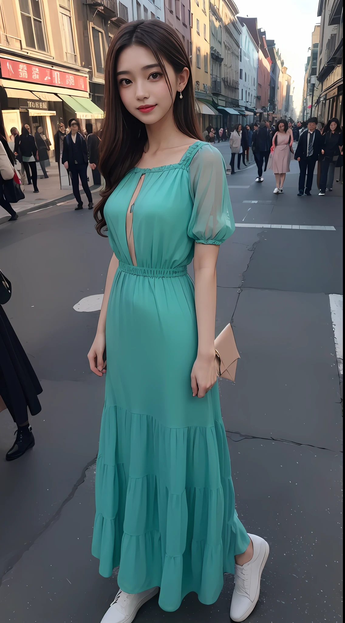 ((top-quality、8K、masterpiece:1.3))、1girl in、A smile、full body Esbian、Slim Faces、Pretty women、(dark brown hair)、Full-length dresses:1.1、hyperdetailed face、A detailed eye、二重まぶた、blured background、Slim Faces、城市、takeout、a street、random color dress、Random Poses、Brown hair with highlight lines、