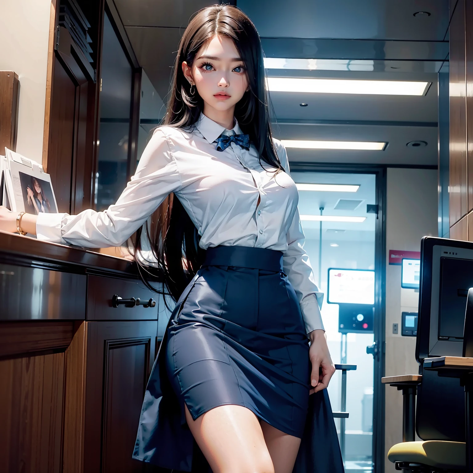 1 super beauty,watery big eyes,Long hair,Professional skirt,In the bank