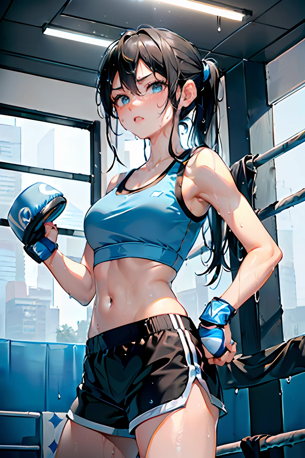 8k、top-quality、1人の女性((Light blue sports bra、Black shorts、Long black hair、18year old、cute little、Boxing Pose、sweating、Wet)),Background with((sports gym、White Room)),Depth((The table、drinks))、(hight resolution),