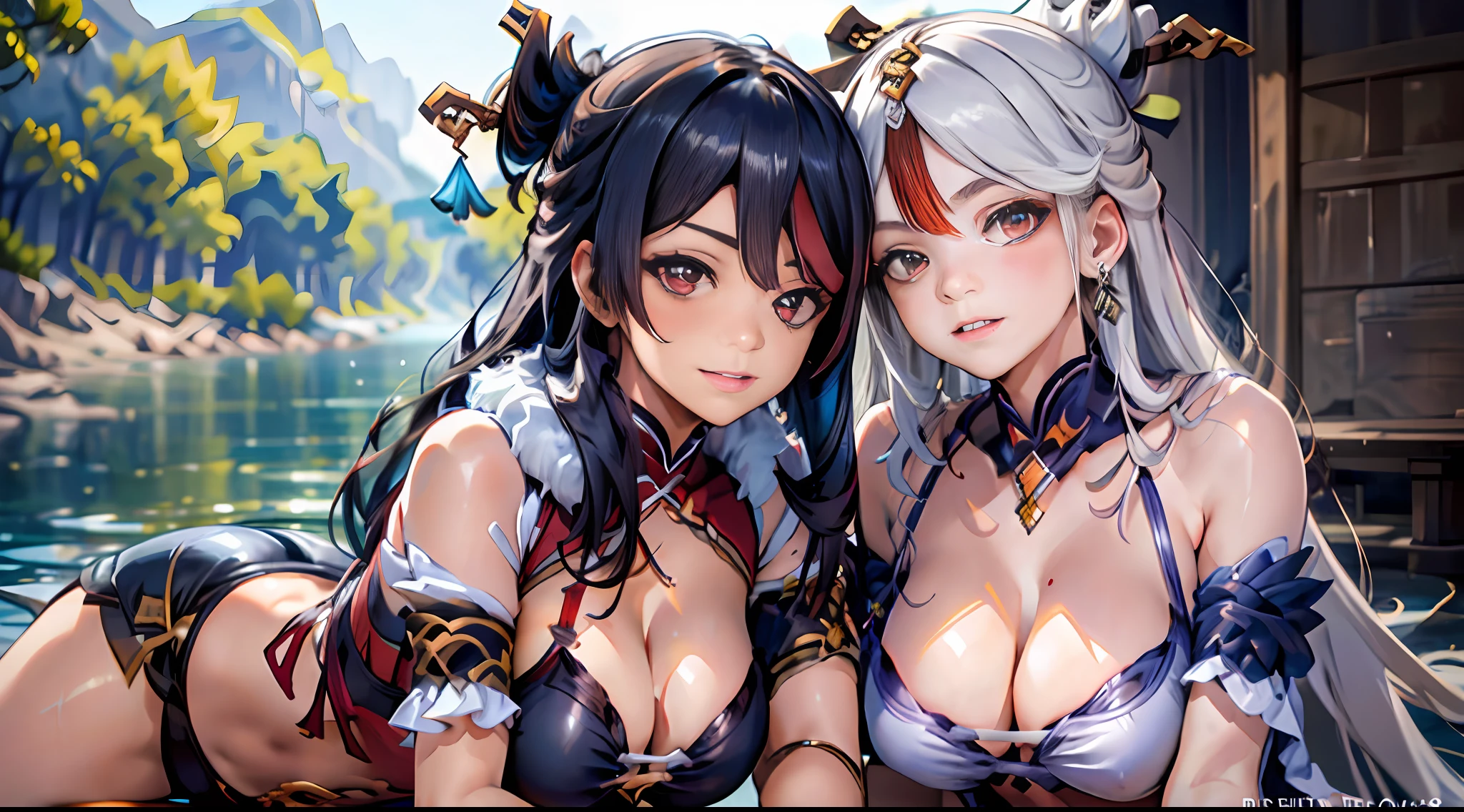 Iwhole body, (NSTDA.:1.2), (10, beste-Qualit, master-piece: 1.4), ultra-high resolution, (lifelike, photorealistic portrait: 1.48), 20 age, Cute Girl, (Look neatly through the bikini:1.11), Famous Japanese actors, Beautiful breasts, Blue Eyes, Head tilt, cowboy shot, from the side, looking at the audience, expressionless, Beautiful lake, Zeiss 150mm F/ 2.8 Hasselblad, Whole body, foot, Ultra-Wide Angle, , , (2 Girls 1.4), (1st party using lora1 Ningguang Genshin Impact), (The 2nd person uses lora2 Beidou Genshin Impact....................)Two women were sitting on the floor and one was holding a knife in hand.........................., One woman carries another woman.........................., Sit with your wrists together.........................., Two beautiful girls in love, Two women.........................., Lesbian Art, Homosexual girl groups, Handshake, vector art illustration, flat illustration, Flat shading illustration, Lie down with your wrists together.........................., two girls, lesbian, Embrace Lesbians,(2:Girls together...........................), (NSTDA.:1.2), (10, beste-Qualit, master-piece: 1.4), ultra-high resolution, (lifelike, photorealistic portrait: 1.48), 25 years old, Cute Girl, (See through the bikini beetle), Famous Japanese actors, beautiful clear eyes, G Cup Big Breasts, Head tilt., cowboy shot, from the side, looking at the audience, expressionless, Beautiful lake, Zeiss 150mm F/ 2.8 Hasselblad, Around the lake there are high mountains surrounded by striped mountains............................., Whole body, foot, Ultra-Wide Angle, The backyard is a beautiful sea............................................................................... ,