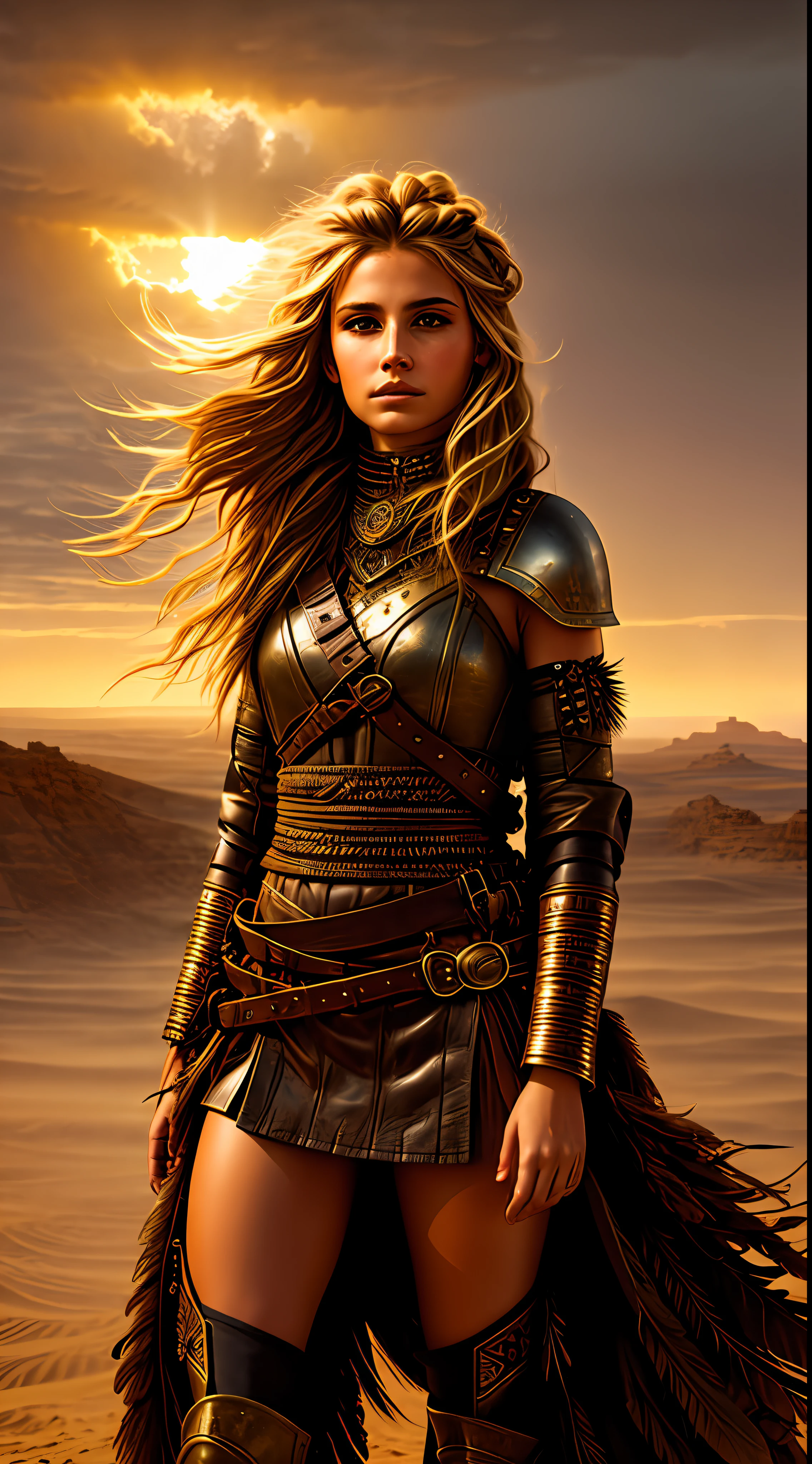 A courageous warrior girl face with flowing golden locks, dressed in weathered leather armor adorned with feathers and tribal symbols. She stands on the edge of a cliff overlooking a vast desert landscape, with swirling sand dunes stretching as far as the eye can see. The sun hangs low in the sky, casting a warm orange glow over the scene. The wind whips through the warrior girl's hair, carrying with it the whispers of distant adventures. In the distance, a magnificent sandstorm looms, adding an element of danger and excitement to the atmosphere. The image is a painting executed with rich earthy tones and textured brushstrokes,