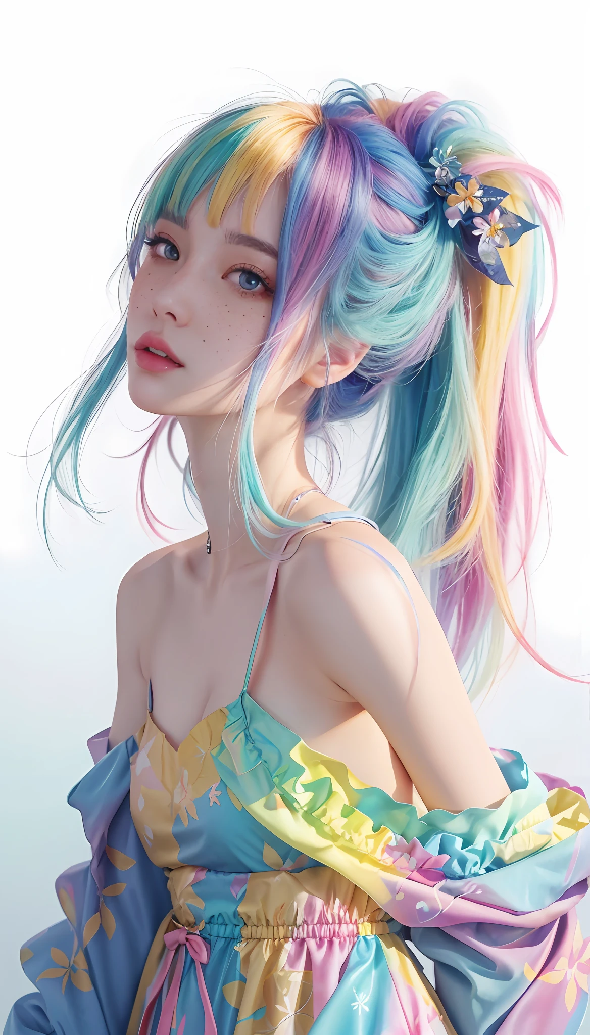 ((ultra detailed)),((Bright eyes)), (Detailed eyes) , 8k, blink blink, (The Little Faux Freckles Makeupgirl), ((realistic skin)), ((focus detailed 2 straps on the shoulders of dress)) , ((shiny facial skin)), with colorful hair and a colorful dress, rossdraws pastel vibrant, rossdraws cartoon vibrant, style anime 8k, beautiful portrait, artgerm colorful!!!, ! dream artgerm, beautiful anime girl, styled digital art, art wallpaper 8k, digital art, extremely detailed artgerm,