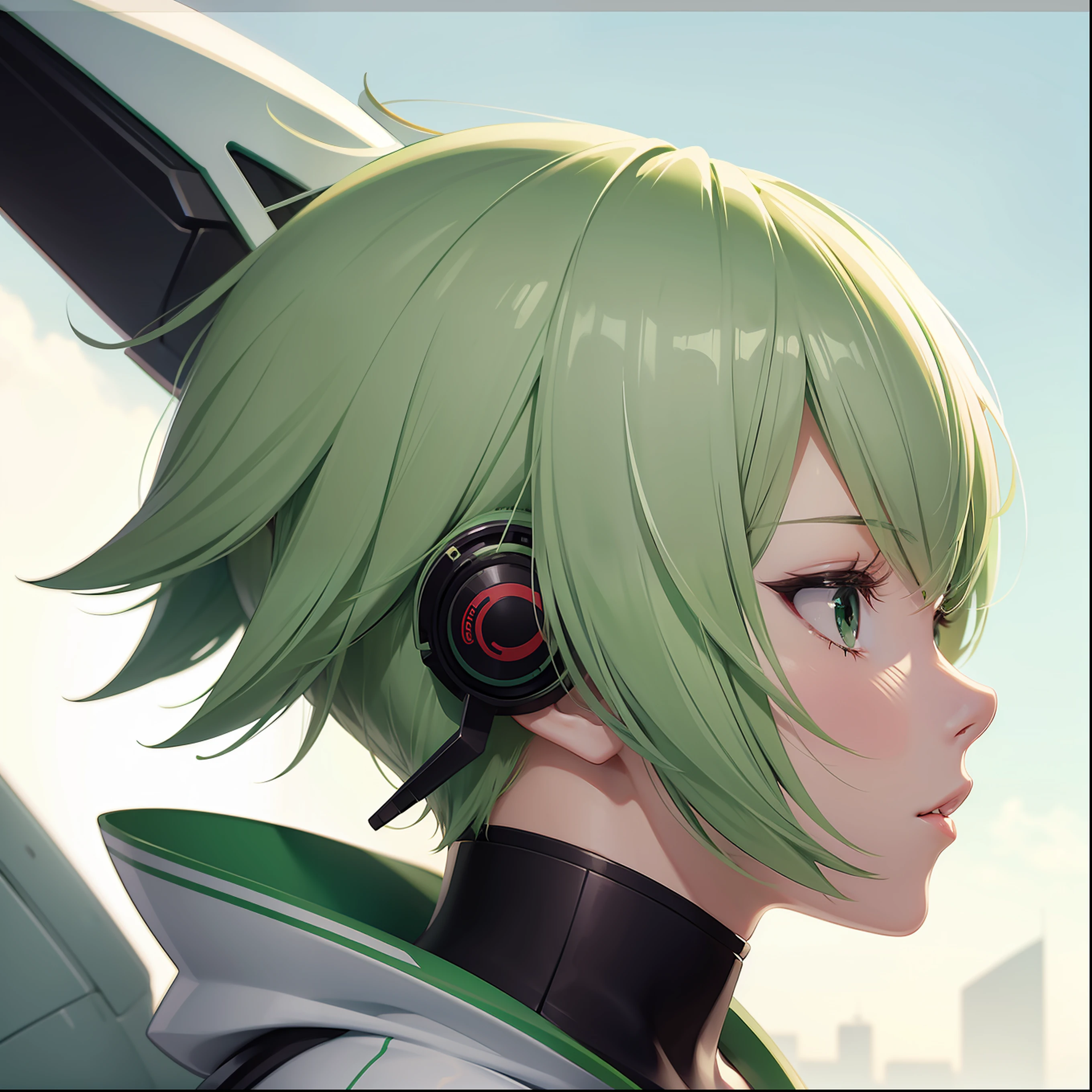 Profile body green& white short hair man closeup Sci-Fi cute Anime Japan 2d Sharp focus 16k resolution Very sharp, Hyper detailed, 8k, Hyper realistic detail