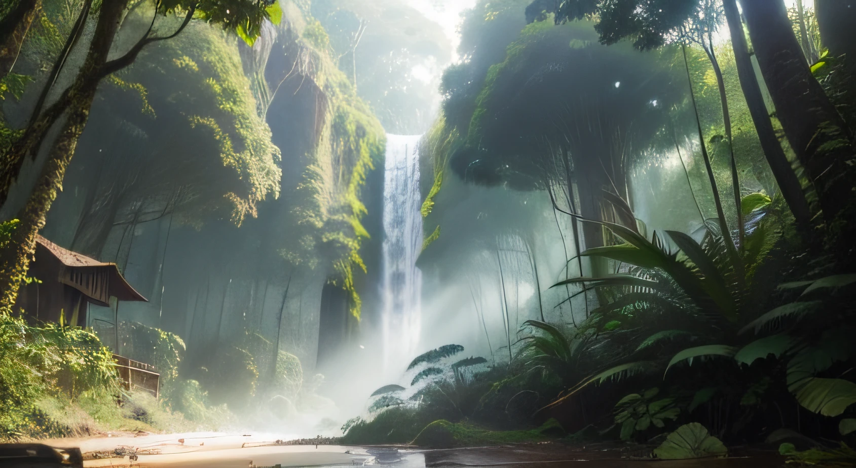 In a rainforest there is a village hidden among the trees. No se ve el cielo. En una jungla.