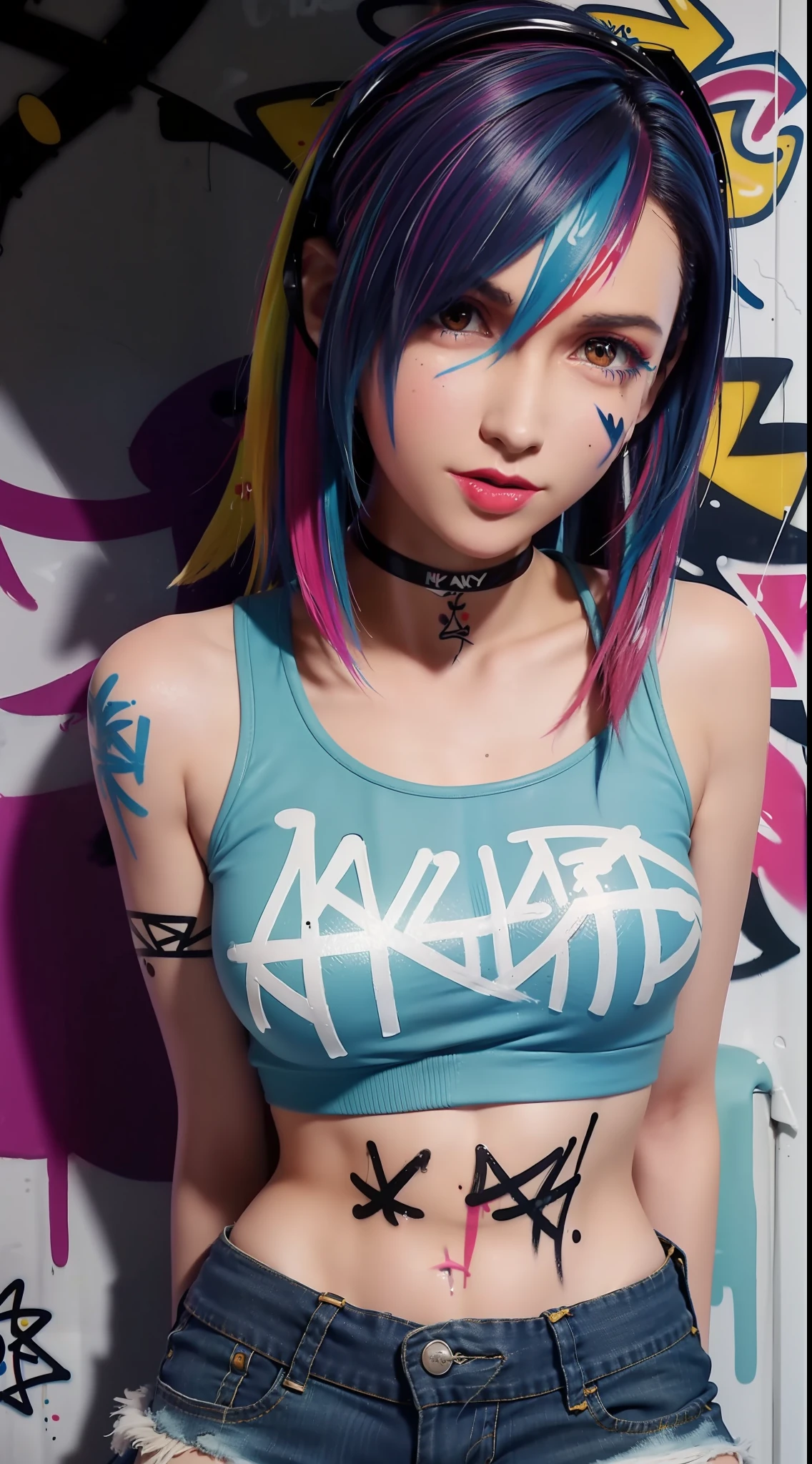 masterpiece, best quality, 1girl, solo, crop top, denim shorts, choker, (graffiti:1.5), paint splatter, arms behind back, against wall, looking at viewer, armband, thigh strap, paint on body, head tilt, bored, multicolored hair, aqua eyes, headset,