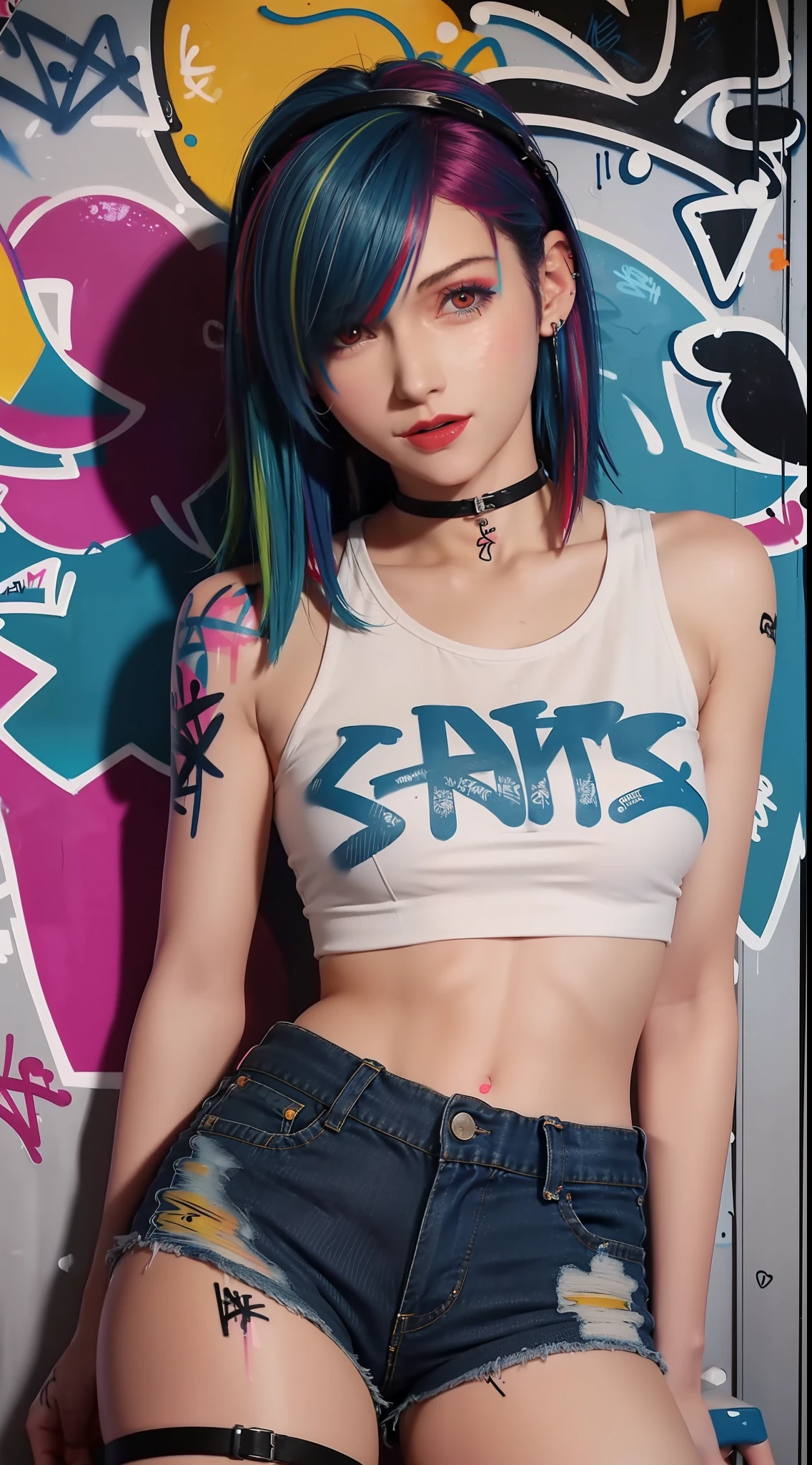 masterpiece, best quality, 1girl, solo, crop top, denim shorts, choker, (graffiti:1.5), paint splatter, arms behind back, against wall, looking at viewer, armband, thigh strap, paint on body, head tilt, bored, multicolored hair, aqua eyes, headset,