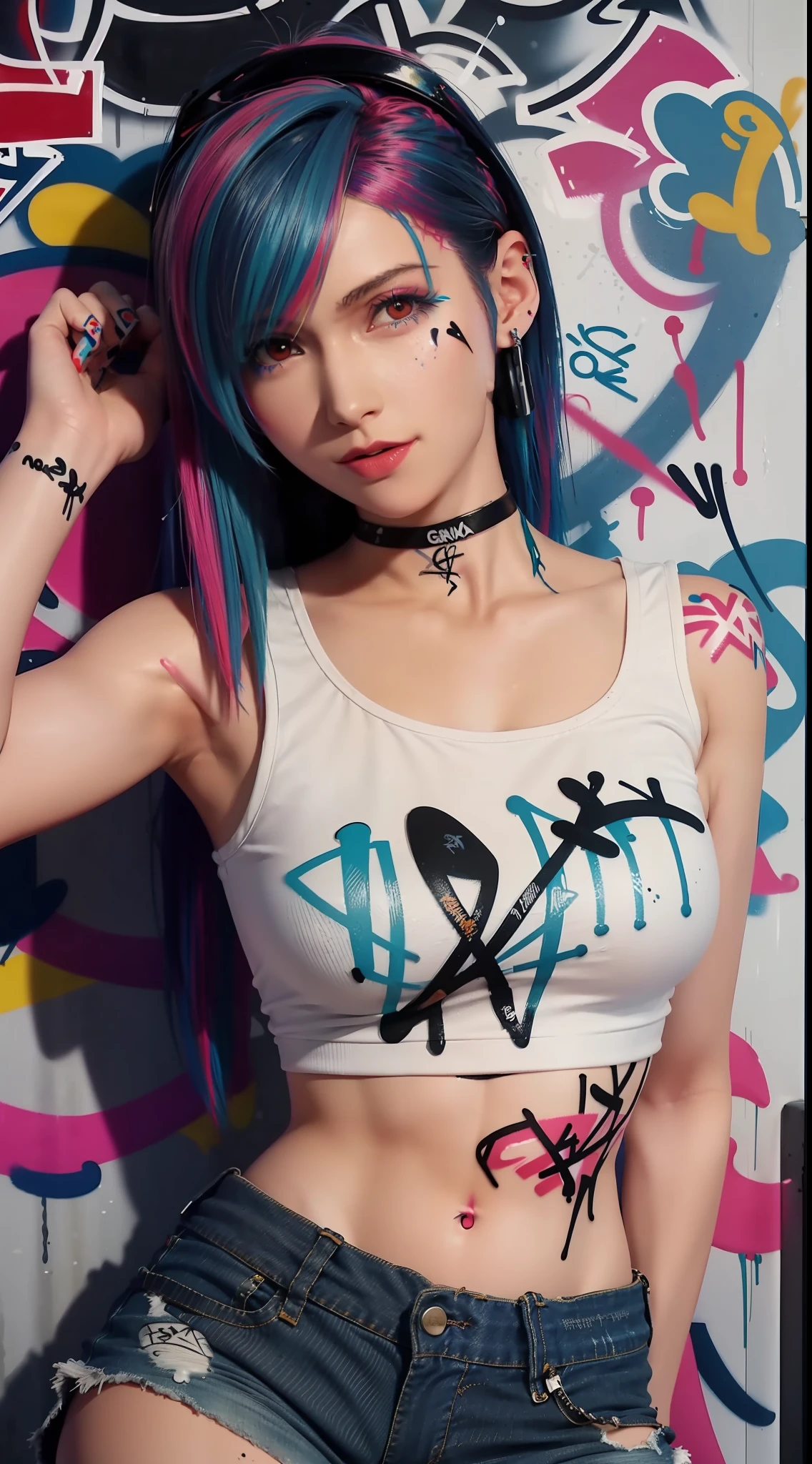 masterpiece, best quality, 1girl, solo, crop top, denim shorts, choker, (graffiti:1.5), paint splatter, arms behind back, against wall, looking at viewer, armband, thigh strap, paint on body, head tilt, bored, multicolored hair, aqua eyes, headset,