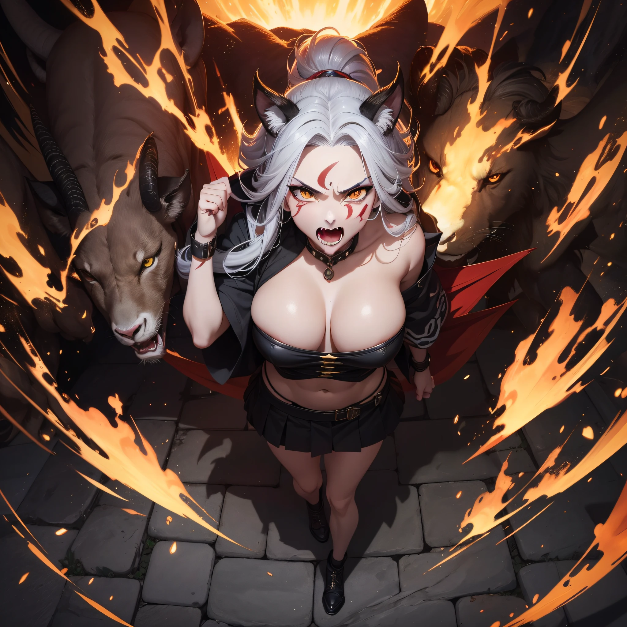 Chimera dynamism, eyepatch, expressive hair, low ponytail, from above, UHD, 8k, best quality, masterpiece, facepaint, forehead mark, fangs, fangs, angry, silver hair, front ponytail, from above, UHD, 8k, best quality, Masterpiece Chimaera(Chimera)ha、It is an imaginary creature that appears in ancient Greek lore.、It is a being with unique animal characteristics.。Below is、Let's express a general Chimera image with keywords.: Ancient Greek lore The head of a fire-breathing lion The body and head of a goat The tail of a snake Fearsome appearance Ferocious personality Considered to be invincible Challenger who confronts heroes Representative of yokai and monsters Chimera is、Spit fire on the lion's head、The body and head of a goat、And has an eerie figure with a snake tail。With its ferocious character and powerful power,、Appear in ancient Greek lore and mythology as a challenger to stand up to heroes。