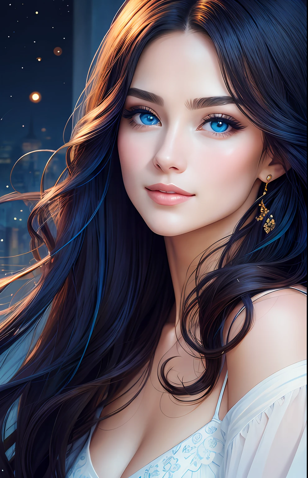 animesque、portraitures、One Person２０Pretty Woman、Moisturized eyes、Casual clothing、a picture、oval jaw、beautiful countenance、The hair、Blue eyes with a beautiful glow、LDS Art
