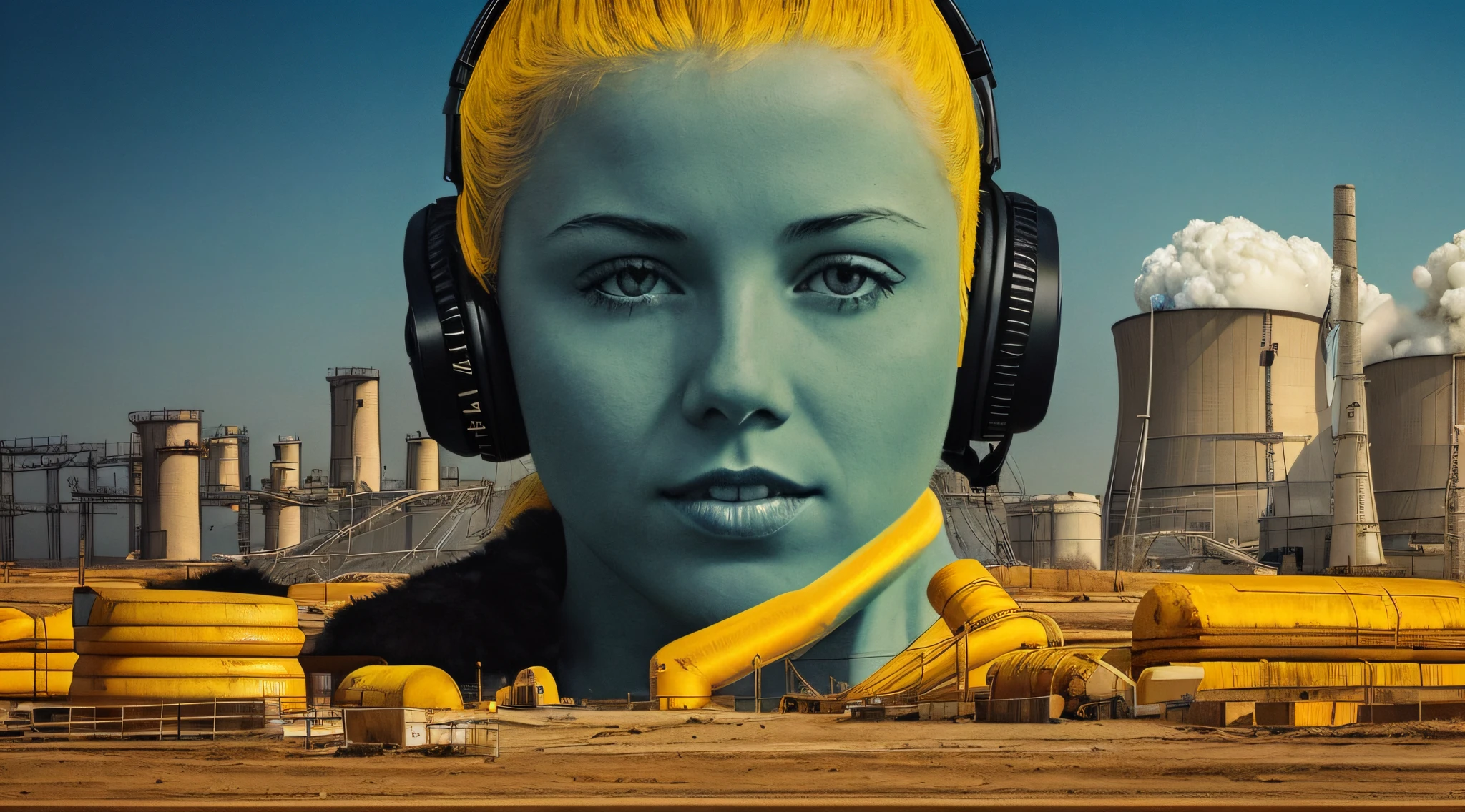GIRL CHILD BLONDE HAIR, LONG, CLOSE UP, RUSSIAN STYLE HEADPHONES, BLACK FUR COAT, a closeup of a large pile of yellow barrels with radioactive symbols, nuclear waste, radioactive wastelands, toxic waste, radioactive particles, nuclear wastelands, radioactive, uranium, nuclear, nuclear fallout, post-nuclear, nuclear fashion, post-nuclear fallout, nuclear energy, future of nuclear energy, nuclear, nuclear art, nuclear reactor, nuclear energy, radiation, toxicity, contaminated