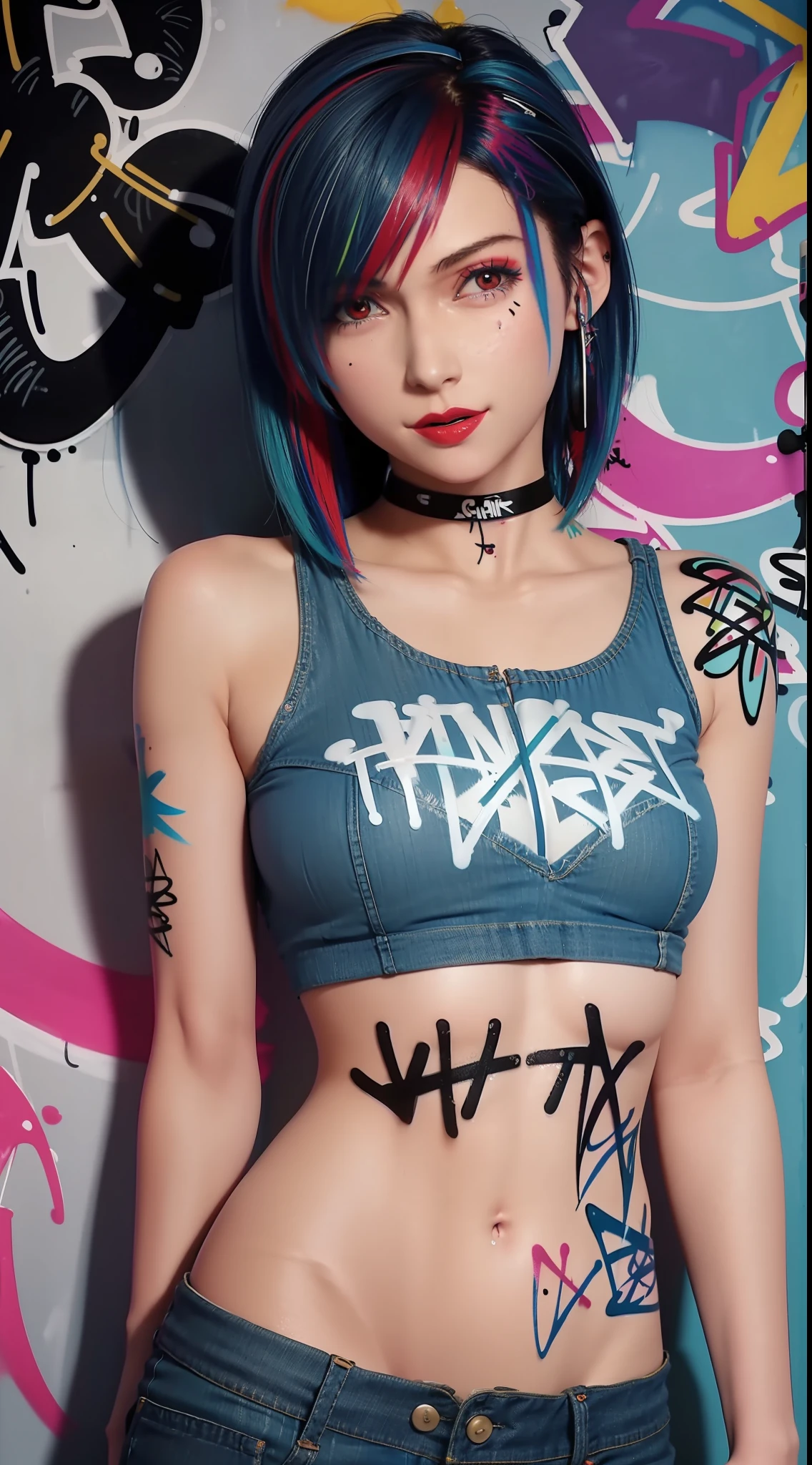 masterpiece, best quality, 1girl, solo, crop top, denim shorts, choker, (graffiti:1.5), paint splatter, arms behind back, against wall, looking at viewer, armband, thigh strap, paint on body, head tilt, bored, multicolored hair, aqua eyes, headset,