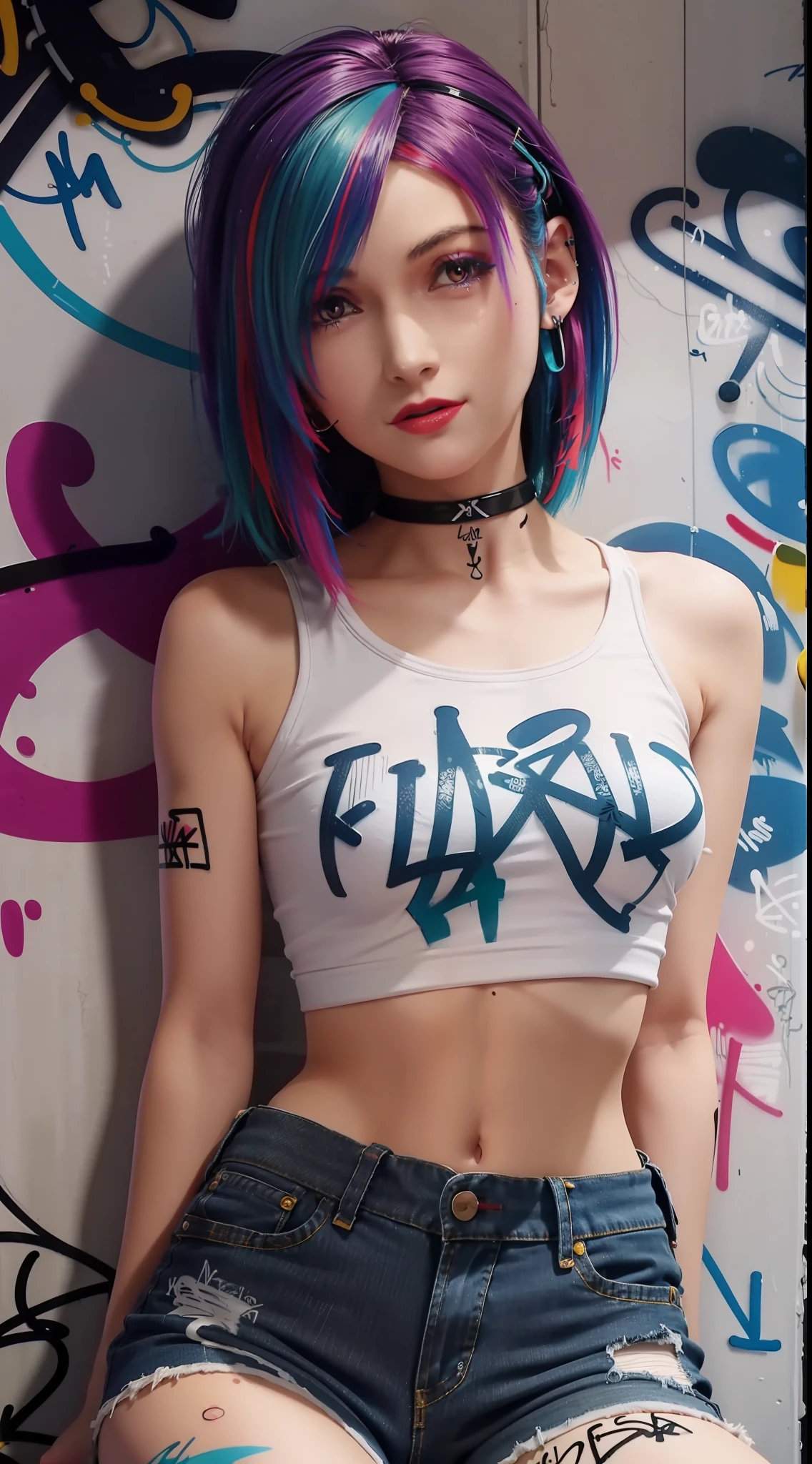 masterpiece, best quality, 1girl, solo, crop top, denim shorts, choker, (graffiti:1.5), paint splatter, arms behind back, against wall, looking at viewer, armband, thigh strap, paint on body, head tilt, bored, multicolored hair, aqua eyes, headset,