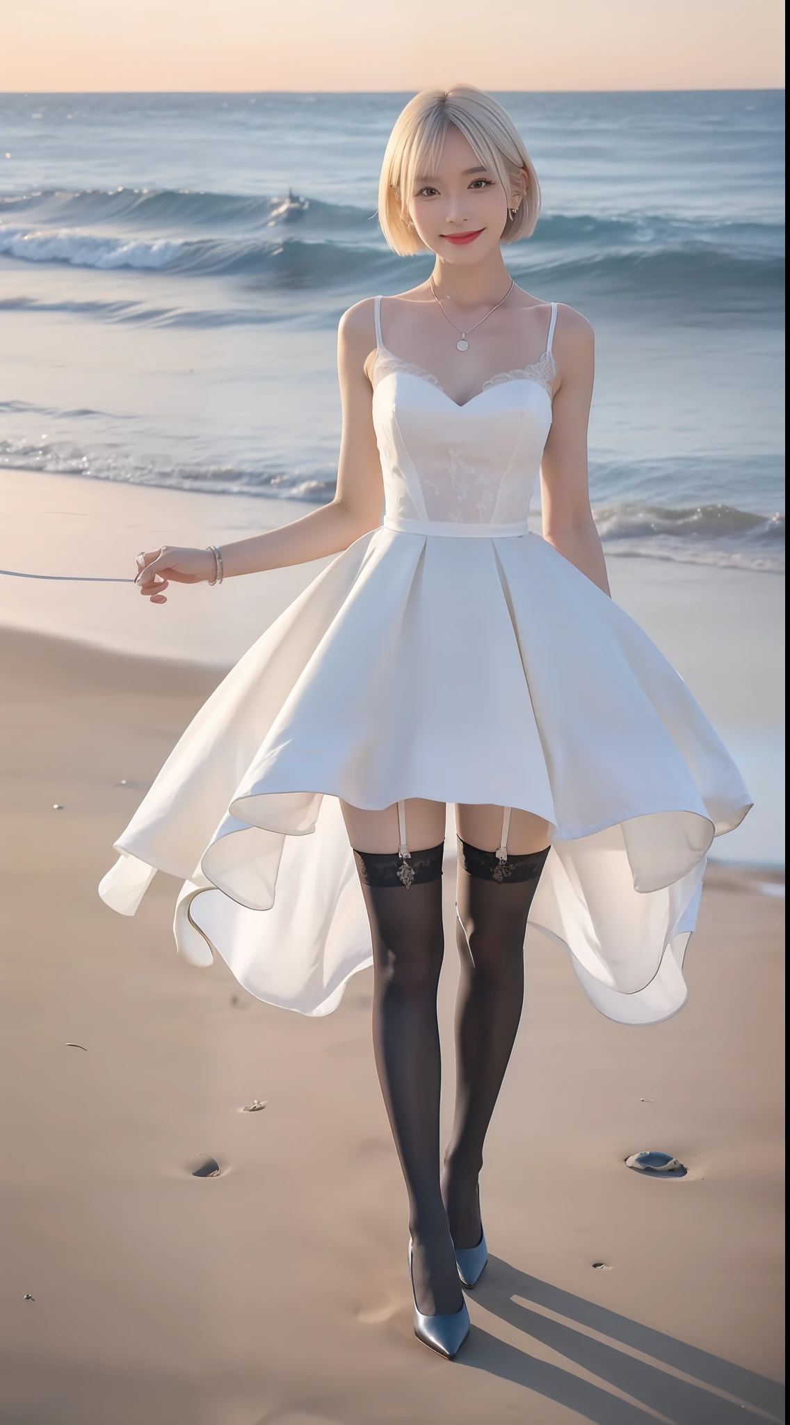 （true to life，Photorealistic 1.5）,((best qualtiy, 8K, tmasterpiece:1.3)),SLR camera (二重まぶた，largeeyes:1.3),（smile1.5），（Full body photo 1.5）（One person 1.5）Clear focus 1.2, Perfect body beauty:1.4 , Delicate skin1.1，（short white hair 1.5），（Delicate facial features1.4），（Pure desire 1.3）(Black stockings 1.5)（The leg length is one meter two，1.5），wedding gown，Slender legs，high-heels，With earrings，Wristband jade bracelet，Standing on the beach by the sea
