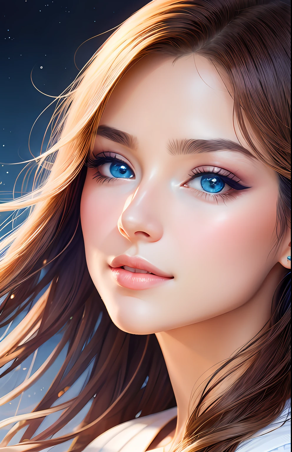 animesque、portraitures、One Person20Pretty Woman、Moisturized eyes、Casual clothing、a picture、oval jaw、beautiful countenance、The hair、Blue eyes with a beautiful glow、LDS Art