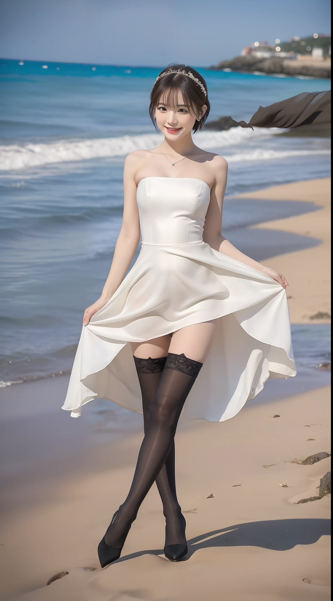 （true to life，Photorealistic 1.5）,((best qualtiy, 8K, tmasterpiece:1.3)),SLR camera (二重まぶた，largeeyes:1.3),（smile1.5），（Full body photo 1.5）（One person 1.5）Clear focus 1.2, Perfect body beauty:1.4 , Delicate skin1.1，（short white hair 1.5），（Delicate facial features1.4），（Pure desire 1.3）(Black stockings 1.5)（The leg length is one meter two，1.5），wedding gown，Slender legs，high-heels，With earrings，Wristband jade bracelet，Standing on the beach by the sea