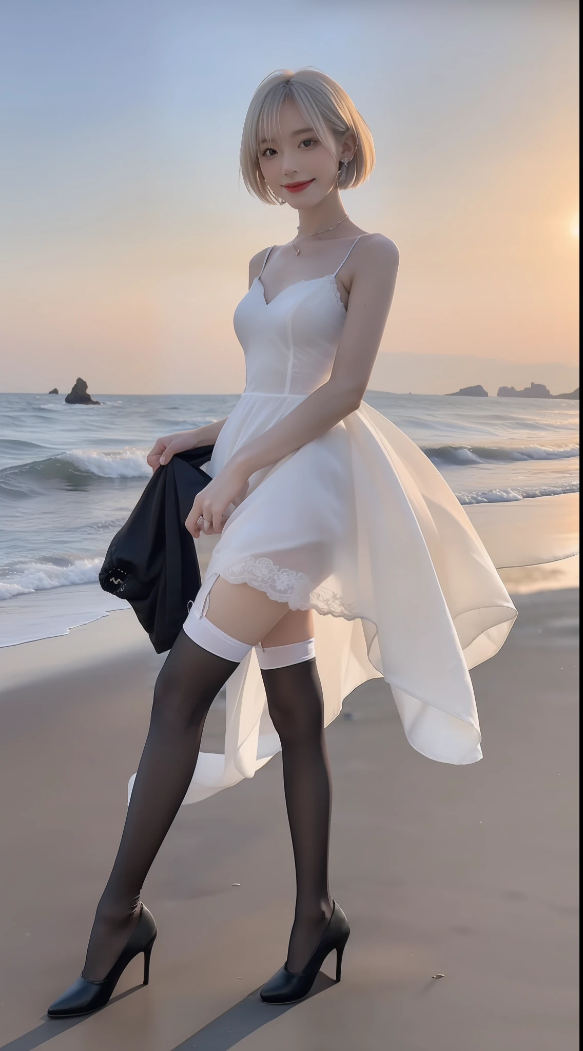 （true to life，Photorealistic 1.5）,((best qualtiy, 8K, tmasterpiece:1.3)),SLR camera (二重まぶた，largeeyes:1.3),（smile1.5），（Full body photo 1.5）（One person 1.5）Clear focus 1.2, Perfect body beauty:1.4 , Delicate skin1.1，（short white hair 1.5），（Delicate facial features1.4），（Pure desire 1.3）(Black stockings 1.5)（The leg length is one meter two，1.5），wedding gown，Slender legs，high-heels，With earrings，Wristband jade bracelet，Standing on the beach by the sea