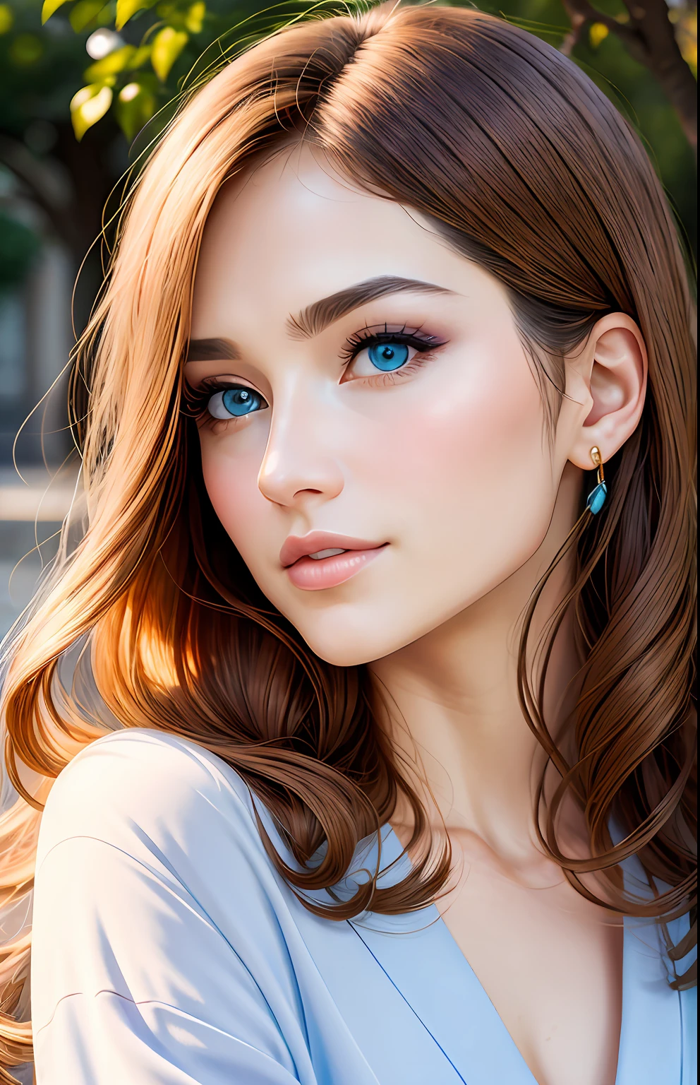 animesque、portraitures、One Person20Pretty Woman、Moisturized eyes、Casual clothing、a picture、oval jaw、beautiful countenance、The hair、Blue eyes with a beautiful glow、LDS Art