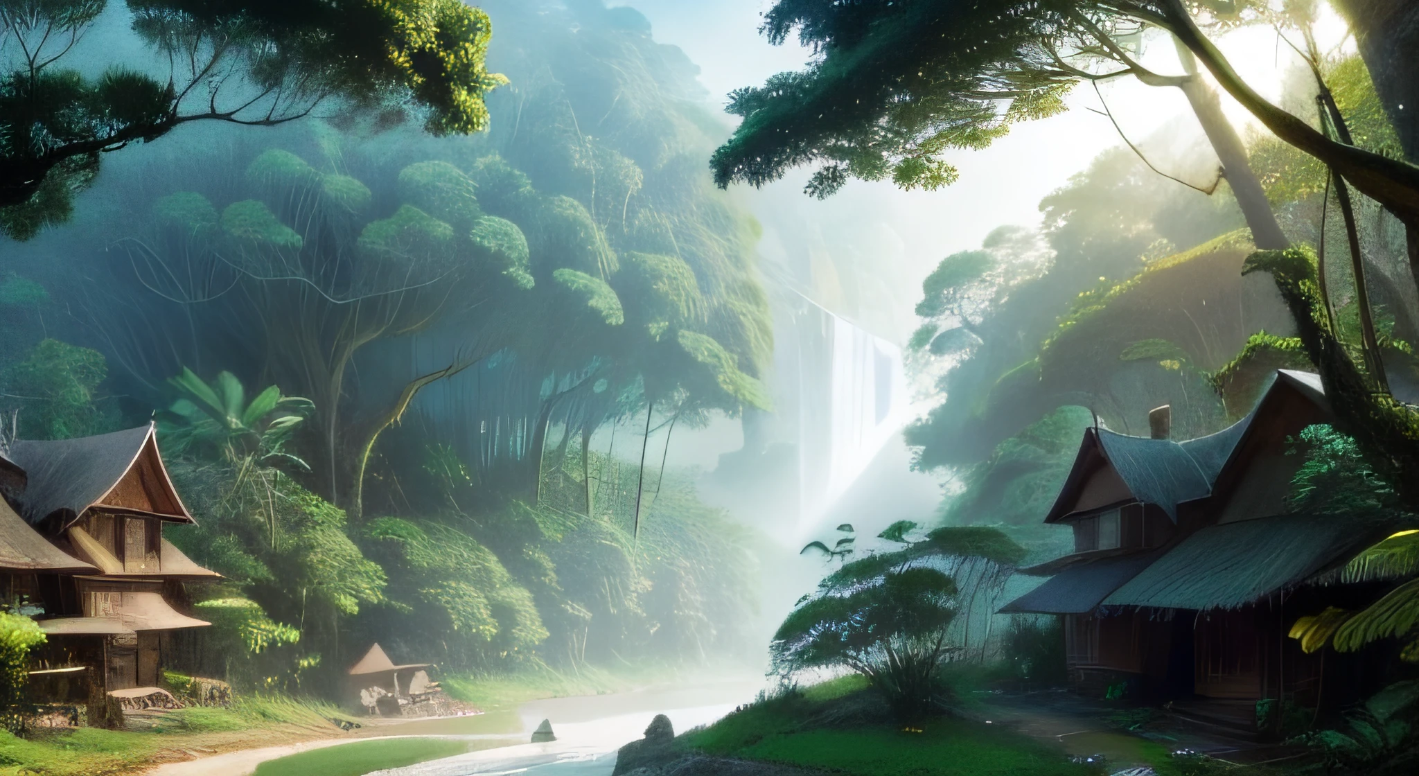 In a rainforest there is a village with many houses hidden among the trees. No se ve el cielo. en una jungla.