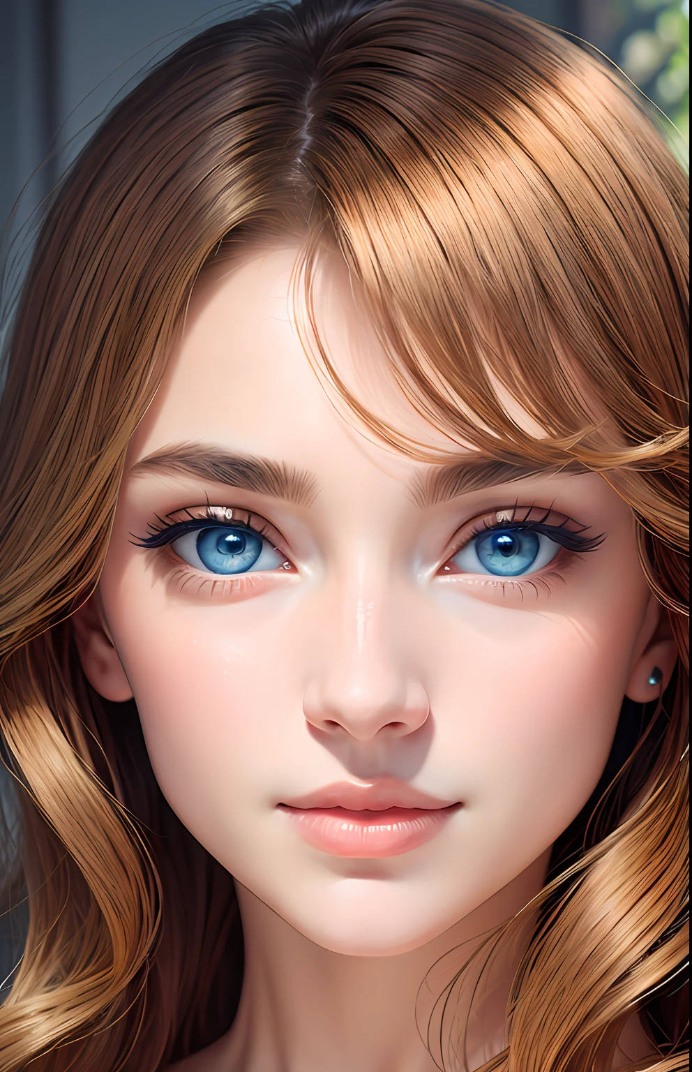 animesque、portraitures、One Person20Pretty Woman、Moisturized eyes、Casual clothing、a picture、oval jaw、beautiful countenance、The hair、Blue eyes with a beautiful glow、LDS Art