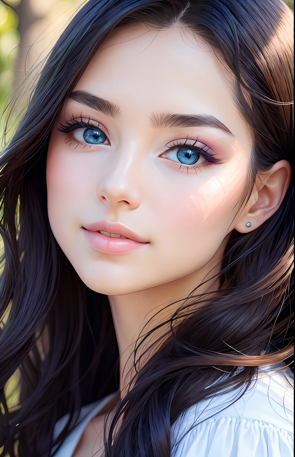 animesque、portraitures、One Person20Pretty Woman、Moisturized eyes、Casual clothing、a picture、oval jaw、beautiful countenance、The hair、Blue eyes with a beautiful glow、LDS Art