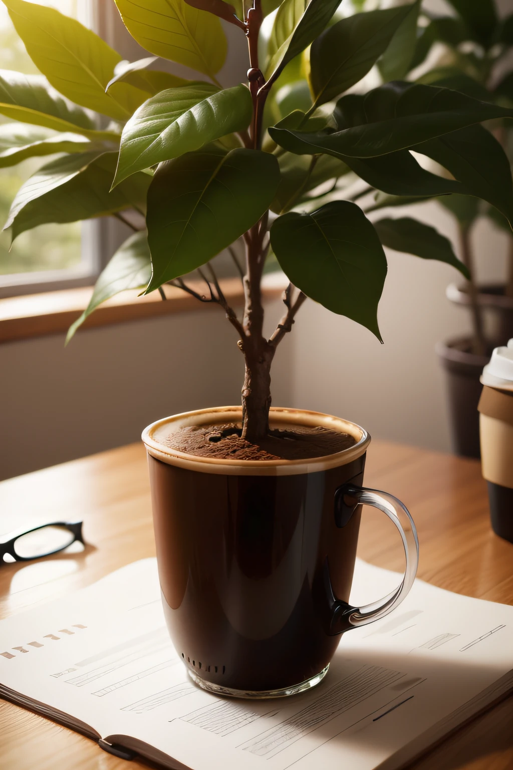 Please create an image that has a coffee tree and represents financial gain