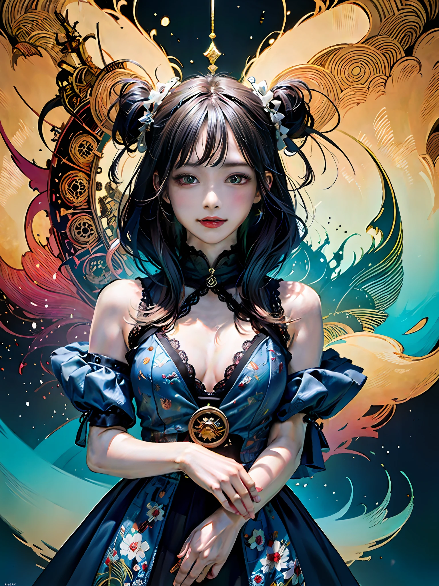 (realisticity: 1.2), best quality, 1girl, official art, unity 8k wallpaper, ultra detailed, beautiful and aesthetic, masterpiece, best quality, (zentangle, mandala, tangle, entangle), (fractal art:1.3) , 1girl, extremely detailed, dynamic angle, cowboyshot, the most beautiful form of chaos, elegant, a brutalist designed, vivid colours, romanticism, by james jean, roby dwi antono, ross tran, francis bacon, michal mraz, adrian ghenie, petra cortright, gerhard richter, takato yamamoto, ashley wood, atmospheric, ecstasy of musical notes, streaming musical notes visible