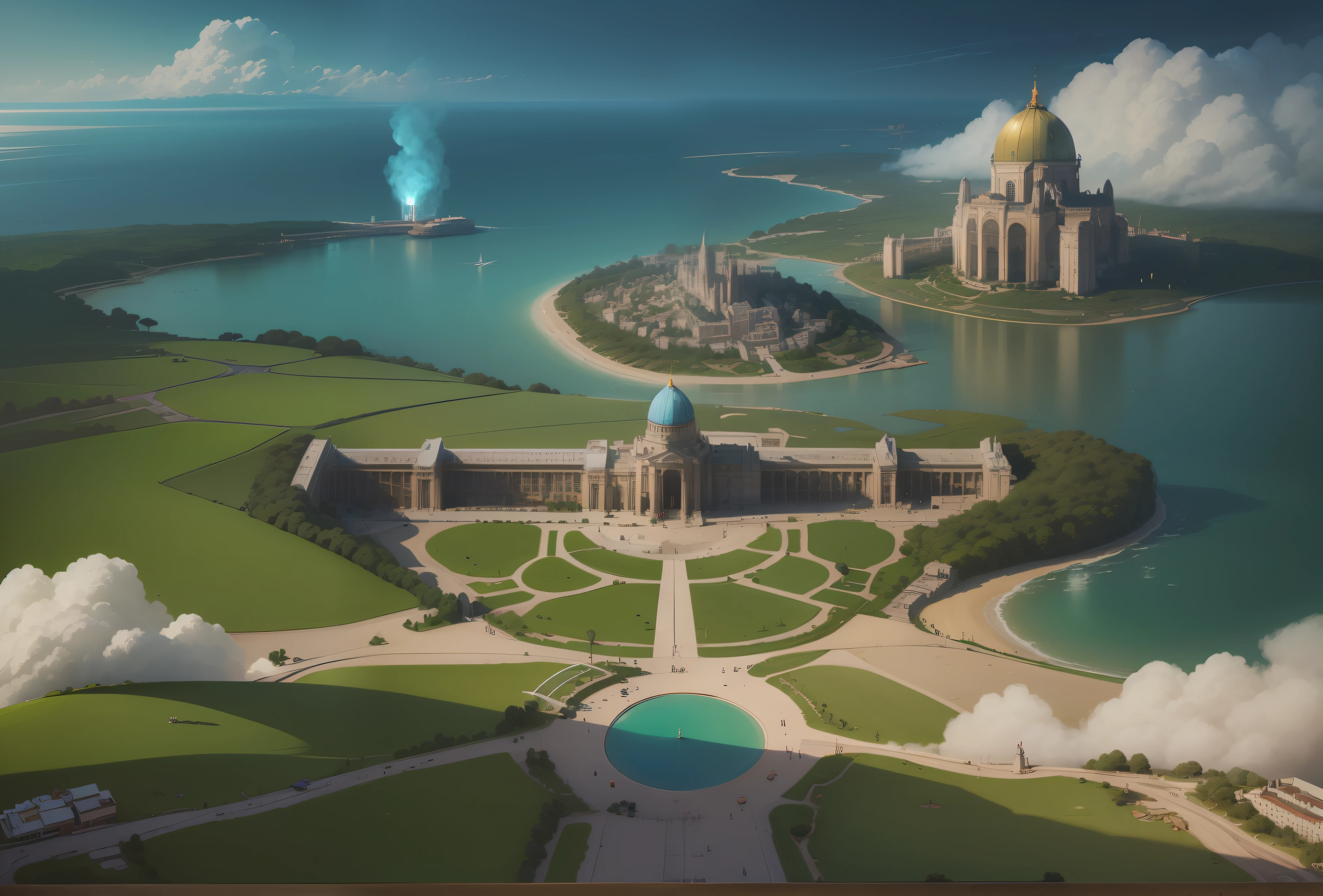 Mauristadt, Mauritius City, Cartografia holandesa, Aesthetics Arcane LOL, Mapa de RPG de Dungeons and Dragon no estilo Steampunk, steampunk decoration, inspired by the universe of late nineteenth-century fiction that mixes futurism and Victorian aesthetics, of a thriving city, Port city full of pirate ships with gears of Victorian and aetherpunk design, factories, Industrial Revolution, solarpunk. The city is full of bridges, rivers and canals and is known for its factories that process bright blue magic stone. Notable sites within the Netherlands include the bustling city center, The imposing Reichstag Berlin Dome building. The city is divided into three islands, the ever-bustling port and the Factory Islands, where the bright blue magic stone is processed. The council building is round with a bright blue dome in gold details in Victorian architecture and the Reichstag Berlin. There is an elven library, lojas de tecnologia vitruviana, Magical pirate steamships. With icons of the possible places to be frequented. Desenho da cidade baseado na holanda e em veneza, arquitetura vitoriana. Full of islands cut by rivers and magical fairy forest. Floresta densa amazonica nas bordas com montanhas, brasil de 1500, Epoch of the great navigations, continente nativo. mundo futurista steampunk. Vapor Punk ou Tecnavapor, many details in gold and brass, victorian setting, various gears and antique clocks, magic train, expresso oriente. On the beach there is a commercial port with reefs, baseado na cidade de atlantida, arquitetura de atlantis, Blue Magic Communication Towers, Beautiful water fountains, vegetation, big trees, distinct vegetation, lugar perigoso, canais de esgoto, anos 1800. steam-powered machines, arquitetura medieval, brilho azul, Monstros marinhos, Mapa de rpg de mesa, more English trees and buildings. University town, Cidade de Sumeru, florestas densas semelhante a amazonia. Pontes, passarelas, pontes mecanicas