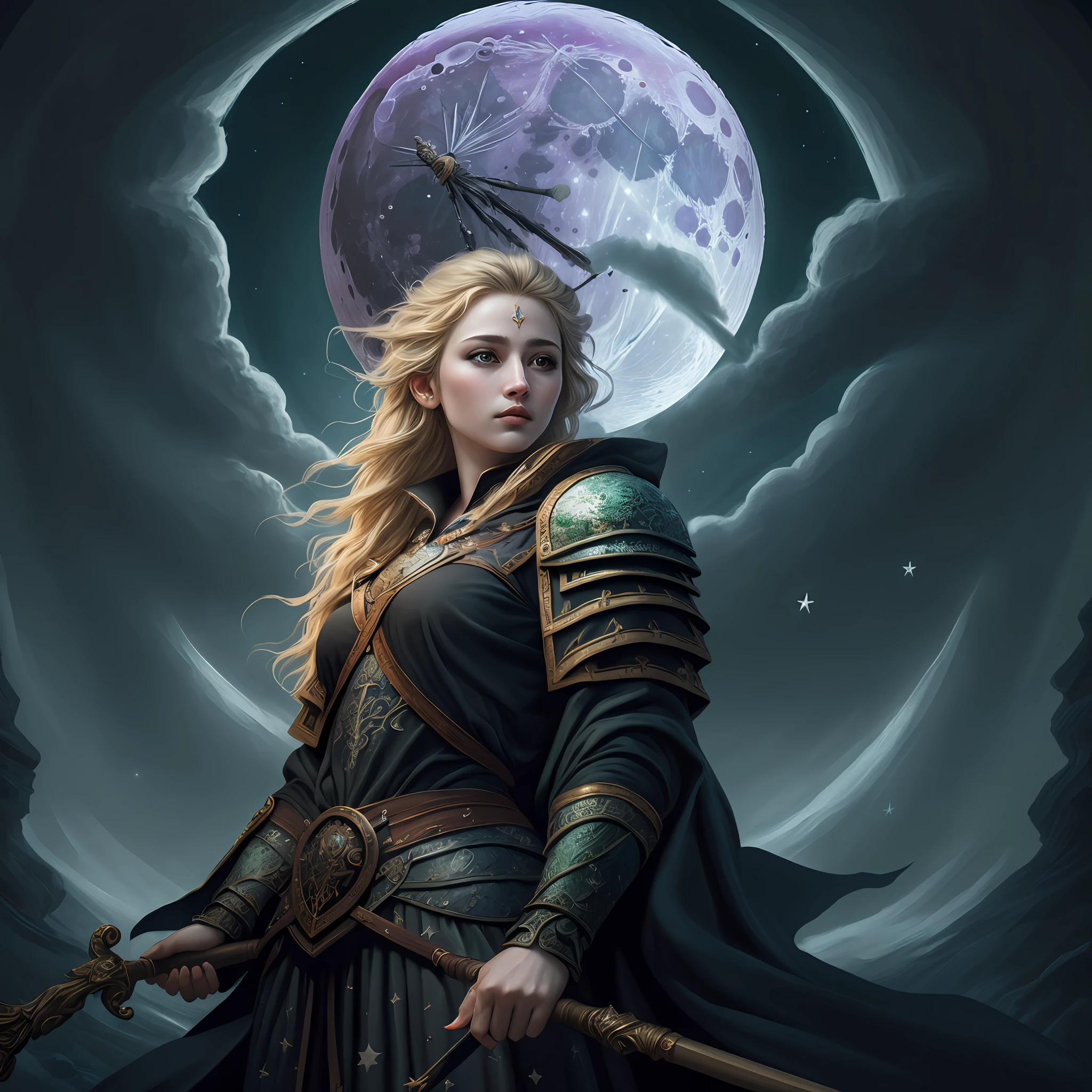 high details, best quality, 8k, [ultra detailed], masterpiece, best quality, (extremely detailed), ultra wide shot, photorealistic, fantasy art, dnd art, rpg art, realistic art, an ultra wide picture of female human cleric, holding a spear, wearing black cloak, black robe with stars sigils (intricate details, Masterpiece, best quality: 1.5), holy symbol casting a spell (intricate details, Masterpiece, best quality: 1.6), magical energy in the air (intricate details, Masterpiece, best quality: 1.5) white magical sigils (intricate details, Masterpiece, best quality: 1.5),  wearing black armor, plate mail armor (intricate details, Masterpiece, best quality: 1.5), stars and moon symbol, blue light from symbol, blond hair (intricate details, Masterpiece, best quality: 1.5), long hair, braided hair, small, intense eyes, green eyes, moon and strars background, ((divine worship atmosphere)), moon light high details, best quality, highres, ultra wide angle