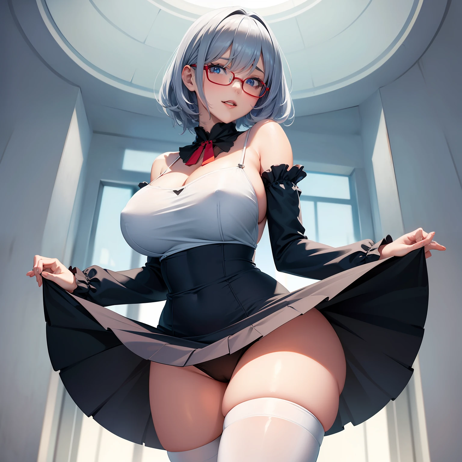 View from directly below, High image, Super Detail, High resolution, Anime, Manga, Illustration, Black Knee High Socks, thighs thighs thighs thighs, Intelligent beauty, Amorous expression, Seductive look, Laugh mischievously, Happy, Shy, Half-open red lips, Flowing layered Messy medium short white hair, Sparkling blue eyes, Silver glasses, Huge breasts, under the boobs, great proportion, perfectly proportions, slender, Full body, Camisole dress, Flared Mini Skirt