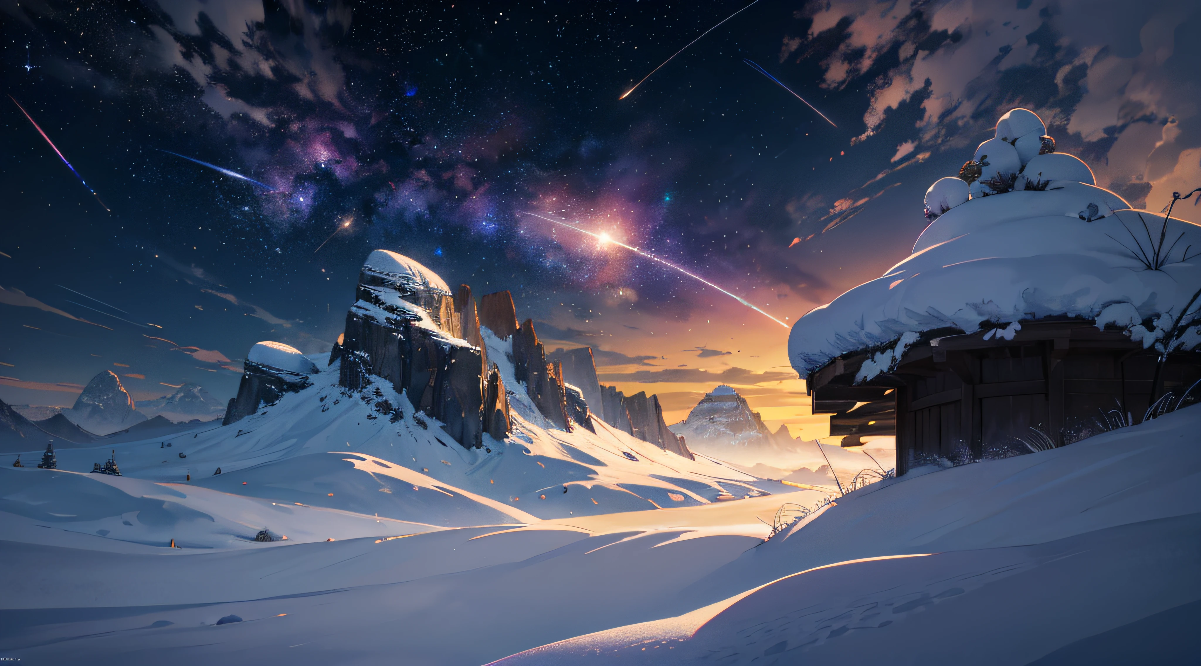 Expansive landscape photograph,(moon full:1.2),(meteors:0.9),(Starcloud:1.3),(Warm light source:1.2),(glowworm:1.2),lamp lights,Lots of purple and orange,Complicated details,Volumetriclighting,Realism BREAK(tmasterpiece:1.2),(best qualtiy),8K,Ultra-detailed,(dynamic compositions:1.4),The is very detailed,Colorful details,(Irridescent color:1.2),(luminouslighting,Atmospheric lighting),dream magical,magical,(独奏:1.2),((best qualtiy)), ((tmasterpiece)), (the detail:1.4),depth of fields,maximum definition and sharpness,perfectly proportions,Fluttering clouds,Wallpapers