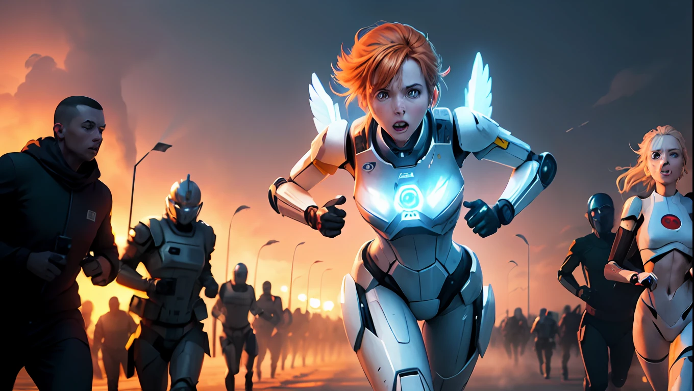 Portrait, realistic, one woman, running, running away(Scared), short hair, orange hair, blue eyes, dressed in pajamas, pretty face, frightened facial expression, well detailed face, with a white fog in the background, (Chasing her trying to kill her, with insanity facial expression (with celestial beings in the background, robot angels in the background of the image, clones of the character in the far background)), pine forest background, colorful, foamy, 8k
