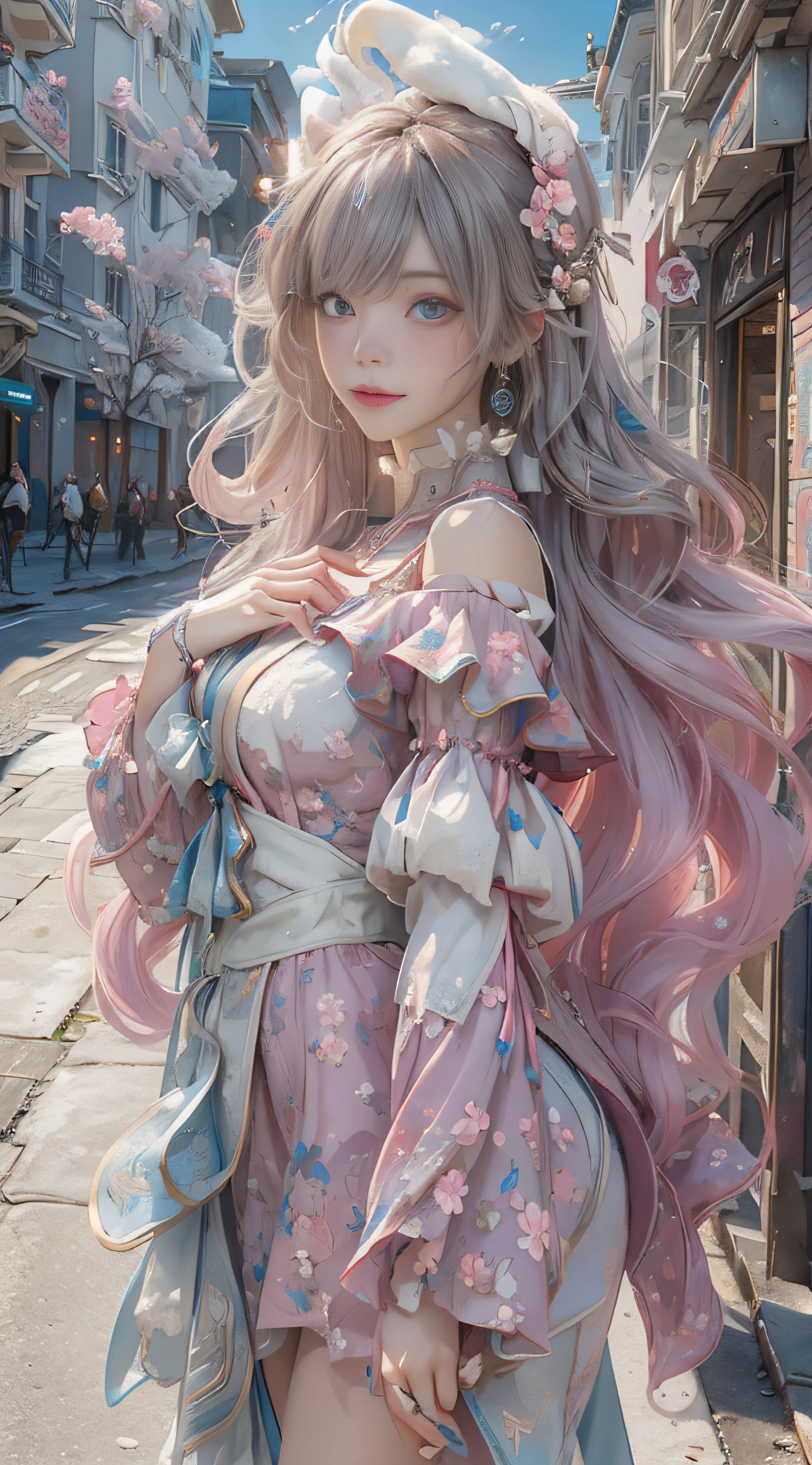((best qualtiy)), ((tmasterpiece)), (detail:1.4), Beautiful cyberpunk female images,hdr(HighDynamicRange),Ray traching,NVIDIA RTX,Hyper-Resolution,illusory 5,sub surface scattering,PBR textures,post-proces,Anisotropy Filtering,depth of fields,maximum definition and sharpness,Many-Layer Textures,Albedo e mapas Speculares,Surface coloring,Mitsu-Accurate simulation of material interactions,perfectly proportioned,rendering by octane,Two-colored light,largeaperture,Low ISO,White balance,Rule three points、8K raw data、Beautiful bright blue pupils,off-the-shoulder clothes,Fine pupils,Delicate face and eyes,long eyelasher,Blushlush,Delicate and fluffy hair,pink lip,Pure,Cute face,Sweet girl,Artistic sense,Casual wear,Advancedsense,butterflys,Cherry blossom petal,Beautiful hair accessories,Long hair and waist,Hair fluttering in the wind,Snow-white fox ears,curlies,Snow-white fluffy tail,Positive light,The light from the back window is backlighted