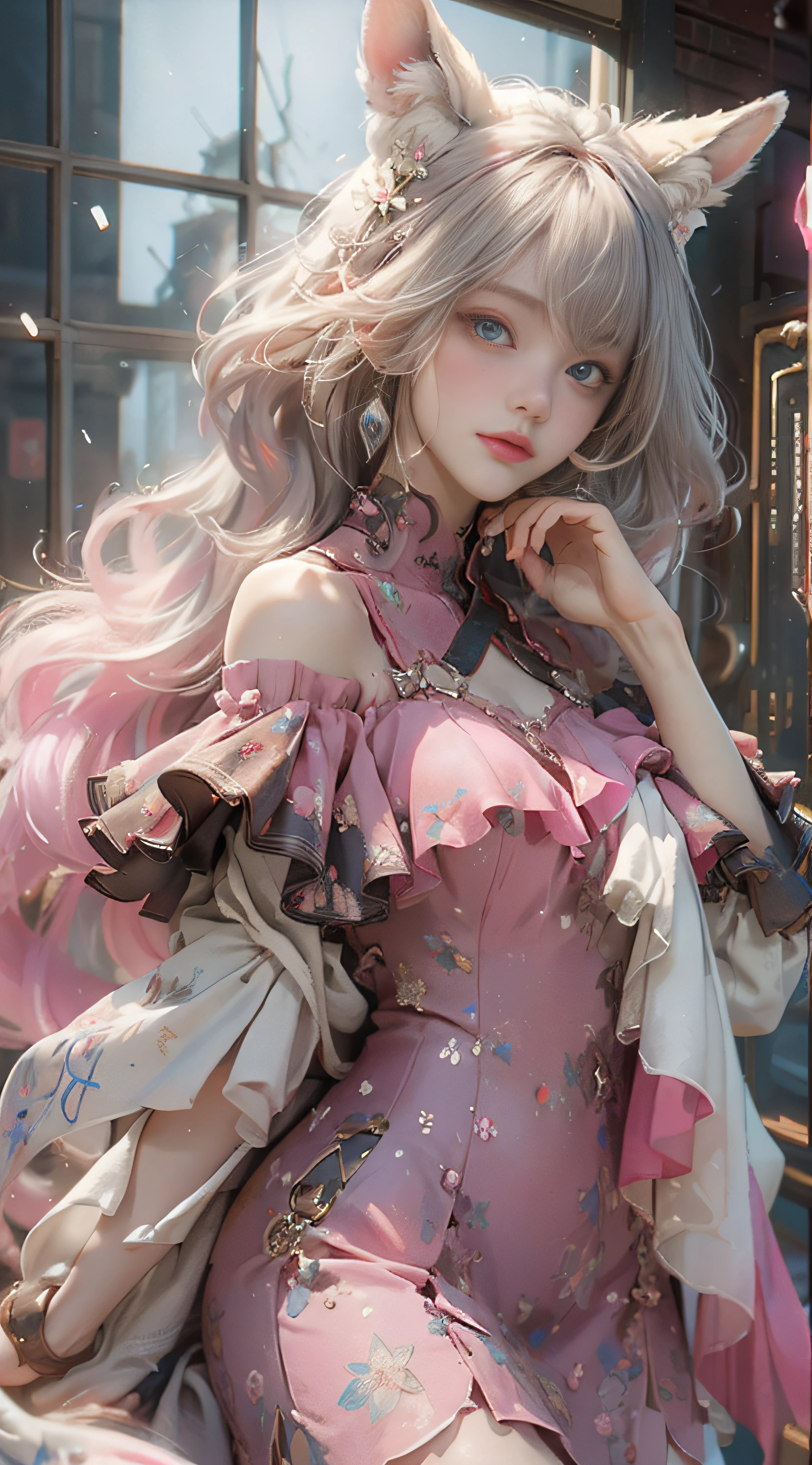 ((best qualtiy)), ((tmasterpiece)), (detail:1.4), Beautiful cyberpunk female images,hdr(HighDynamicRange),Ray traching,NVIDIA RTX,Hyper-Resolution,illusory 5,sub surface scattering,PBR textures,post-proces,Anisotropy Filtering,depth of fields,maximum definition and sharpness,Many-Layer Textures,Albedo e mapas Speculares,Surface coloring,Mitsu-Accurate simulation of material interactions,perfectly proportioned,rendering by octane,Two-colored light,largeaperture,Low ISO,White balance,Rule three points、8K raw data、Beautiful bright blue pupils,off-the-shoulder clothes,Fine pupils,Delicate face and eyes,long eyelasher,Blushlush,Delicate and fluffy hair,pink lip,Pure,Cute face,Sweet girl,Artistic sense,Casual wear,Advancedsense,butterflys,Cherry blossom petal,Beautiful hair accessories,Long hair and waist,Hair fluttering in the wind,Snow-white fox ears,curlies,Snow-white fluffy tail,Positive light,The light from the back window is backlighted